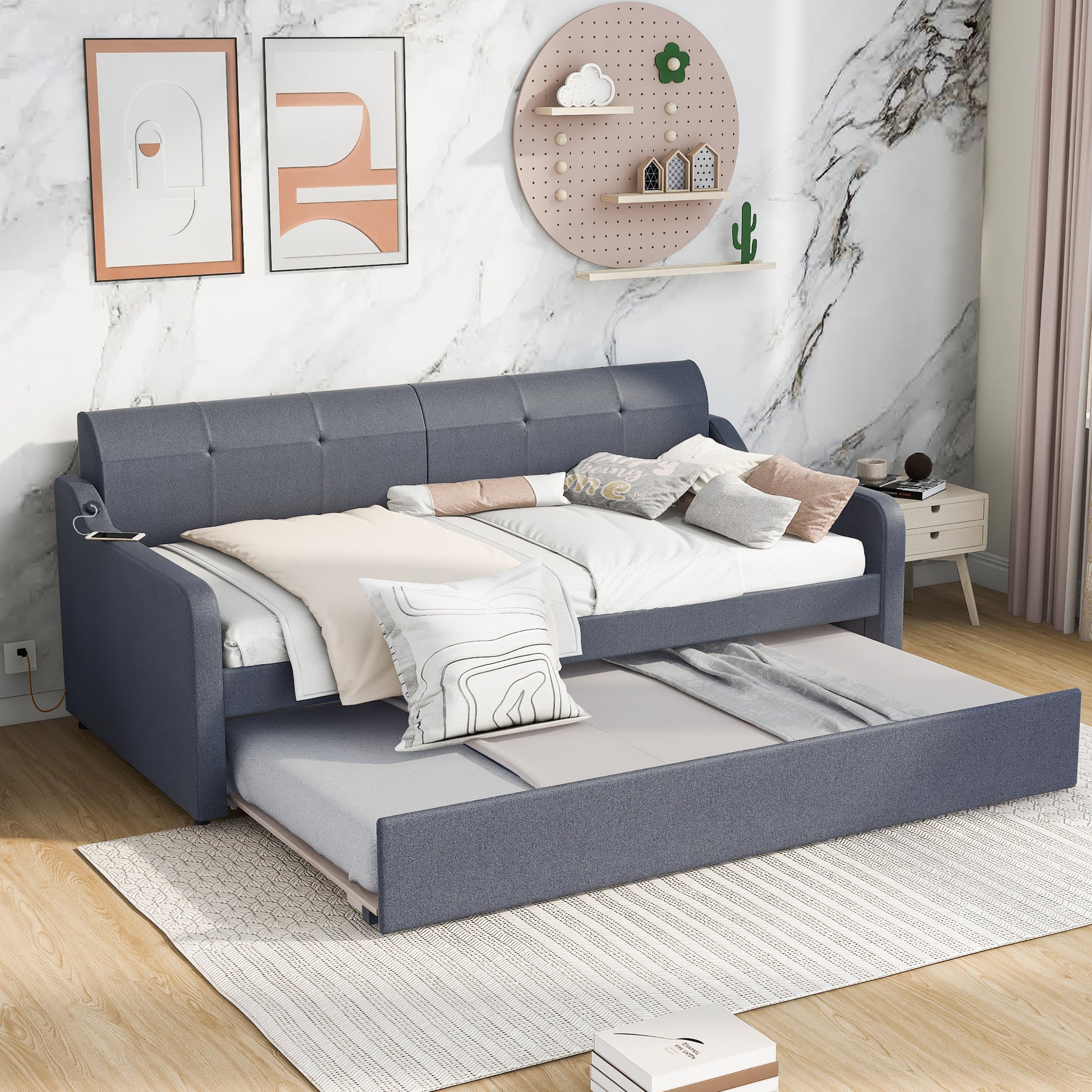 Twin Size Upholstery DayBed with Trundle and USB Charging Design,Trundle can be flat or erected,Gray - Abrihome