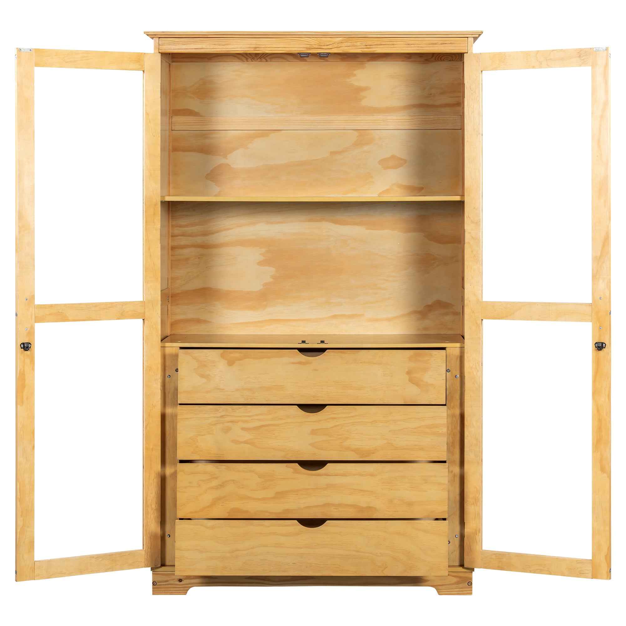 TOPMAX 44.7x20x75inch Kitchen Pantry, Freestanding Kitchen Storage Cabinet Display Cabinet with Glass Doors and 4 Built-in Drawers for Living Room, Home Office, Natural