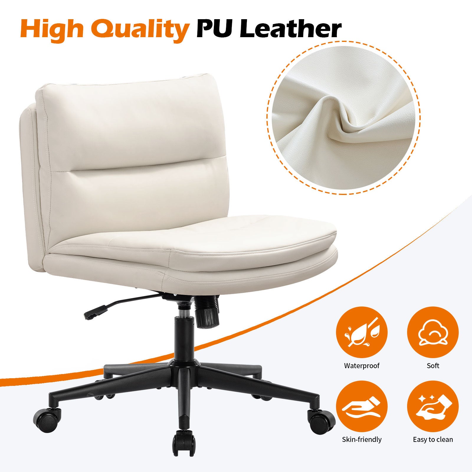 Office Chair Armless Desk Chair with Wheels, PU Padded Wide Seat Home Office Chairs, 120° Rocking Mid Back Cute Computer Chair for Bedroom, Vanity, Makeup