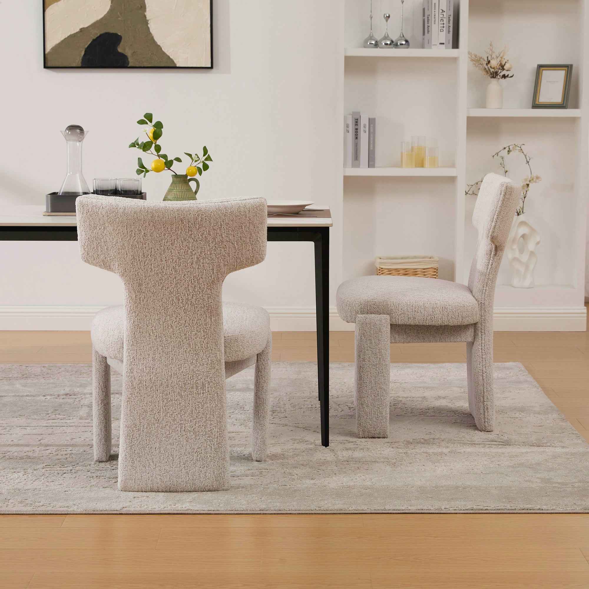 Modern Beige Chenille Dining Chair Set of 2 with Rubberwood Legs, Armless Curved Back Accent Chairs for Living Room Bedroom Restaurant Cafes Dining Room Reception, 22.05' Wide