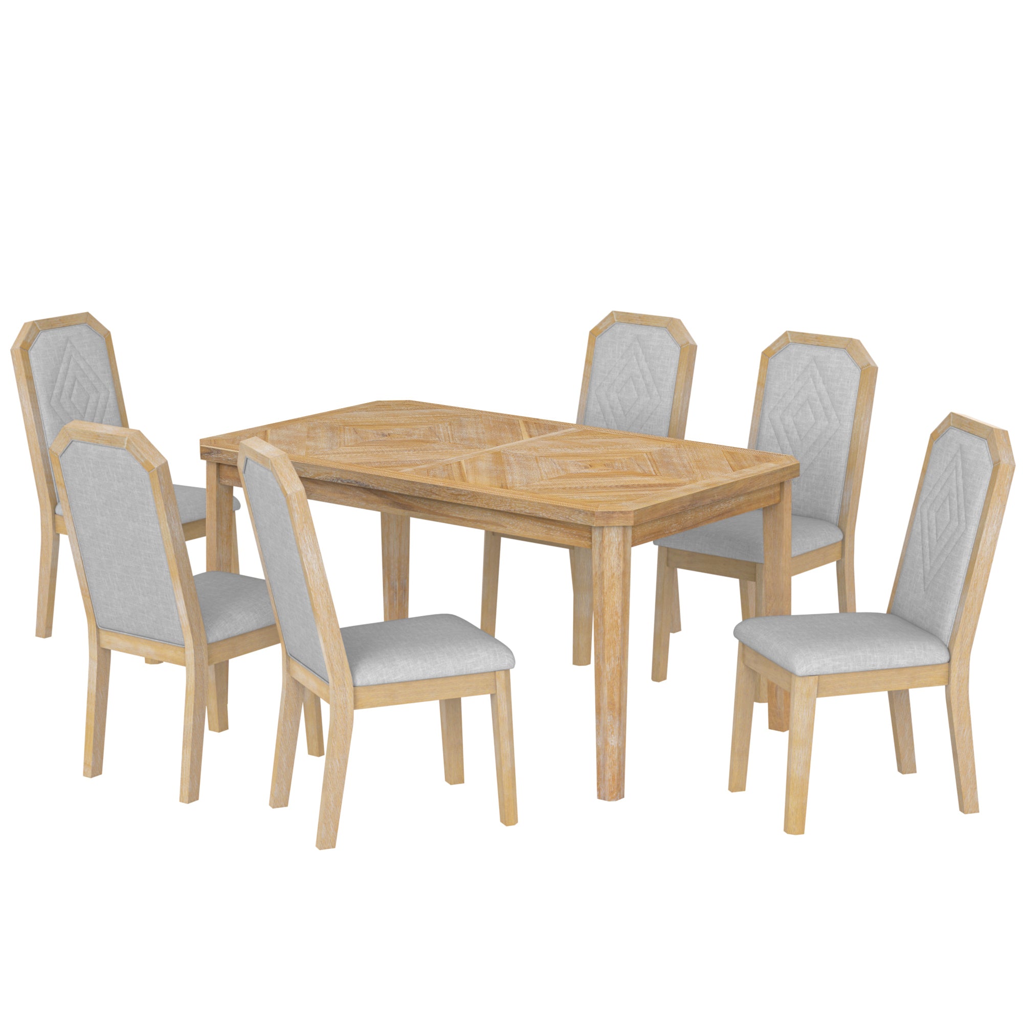 TREXM 7-Piece Farmhouse Dining Set Classic Rustic Table and 6 high-back design Chairs for Dining Room, Kitchen (Natural Wood Wash)