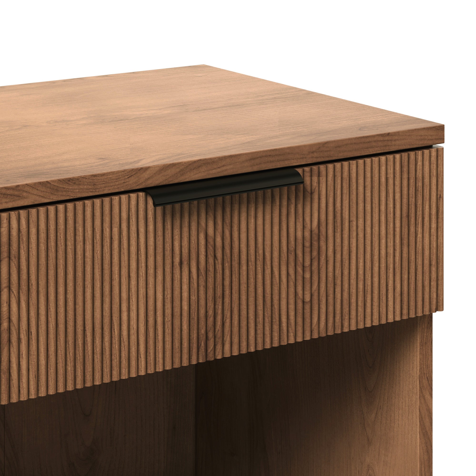 Modern Fluted-Drawer Nightstand with Open Cubby – Mocha