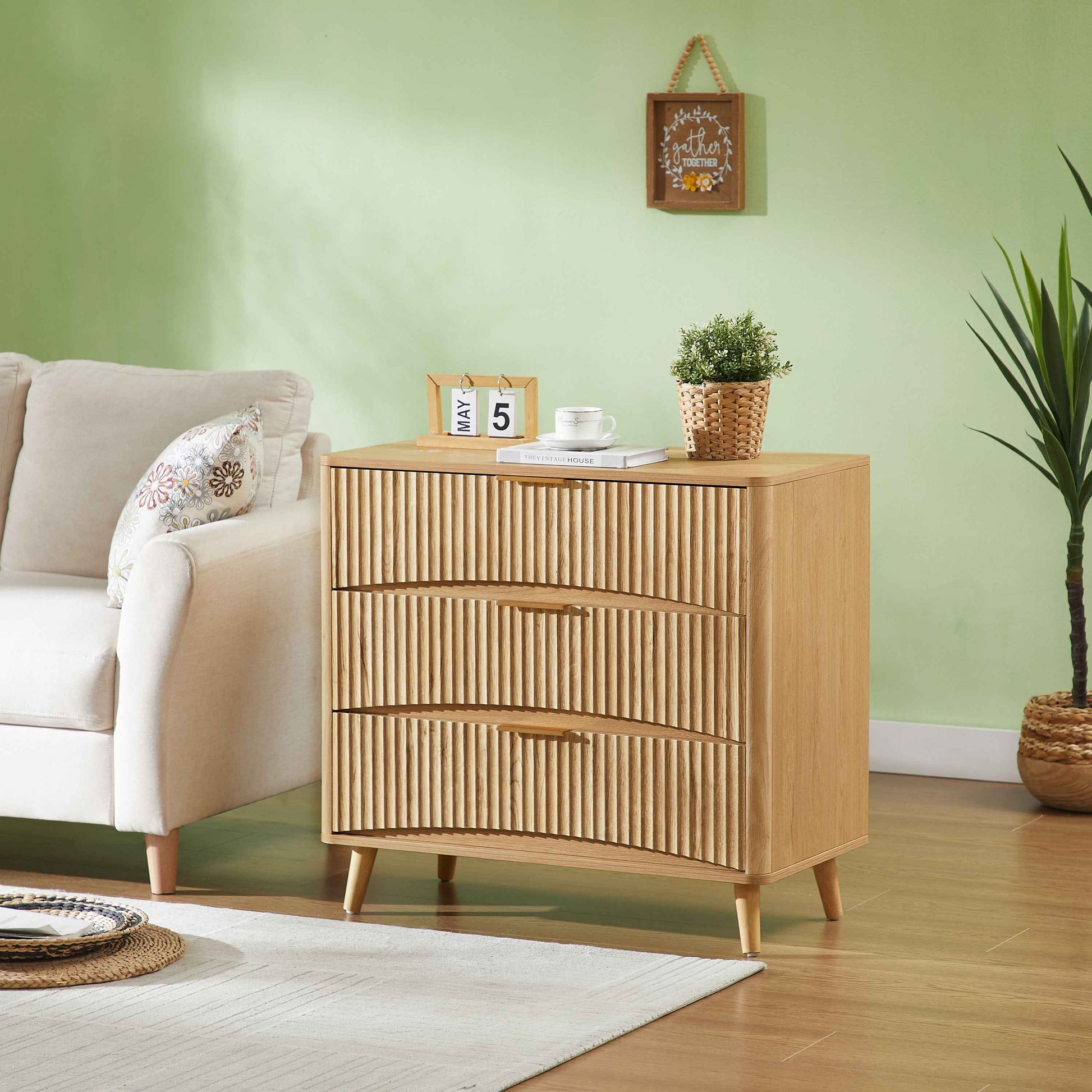 Fluted 3 Drawer Dresser Set of 2, Modern Tall Chest of Drawers with Vertical Grooved Design, Wood Storage Cabinet with Metal Handles for Bedroom Living Room, Oak. (23.6'W x 15'D x 30'H).