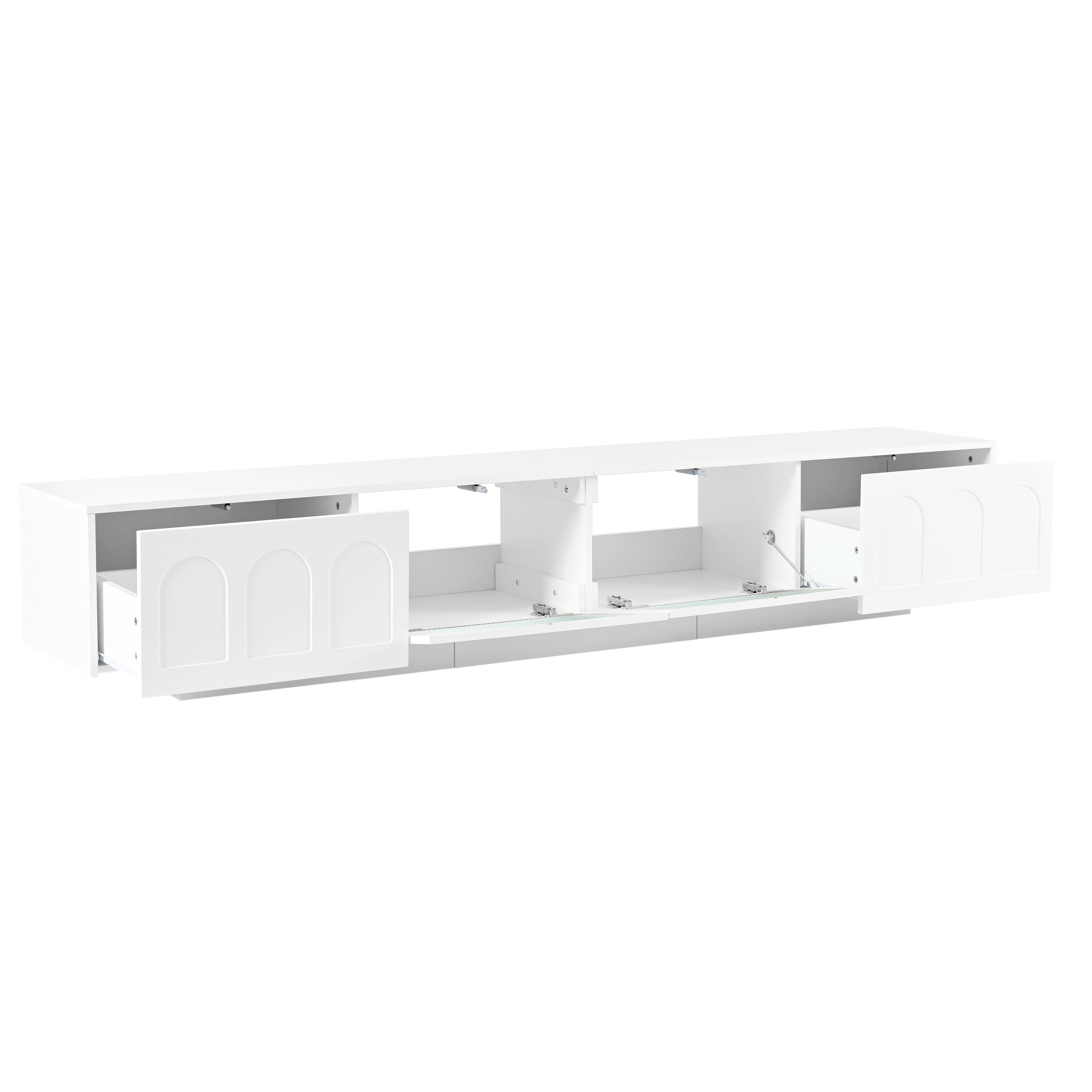 ON-TREND TV Stand with Fluted tempered Glass Doors for TVs Up to 95'', Functional Media Console with Arched Cabinet Doors, Entertainment Center with APP-Controlled LED Light for Living Room, White