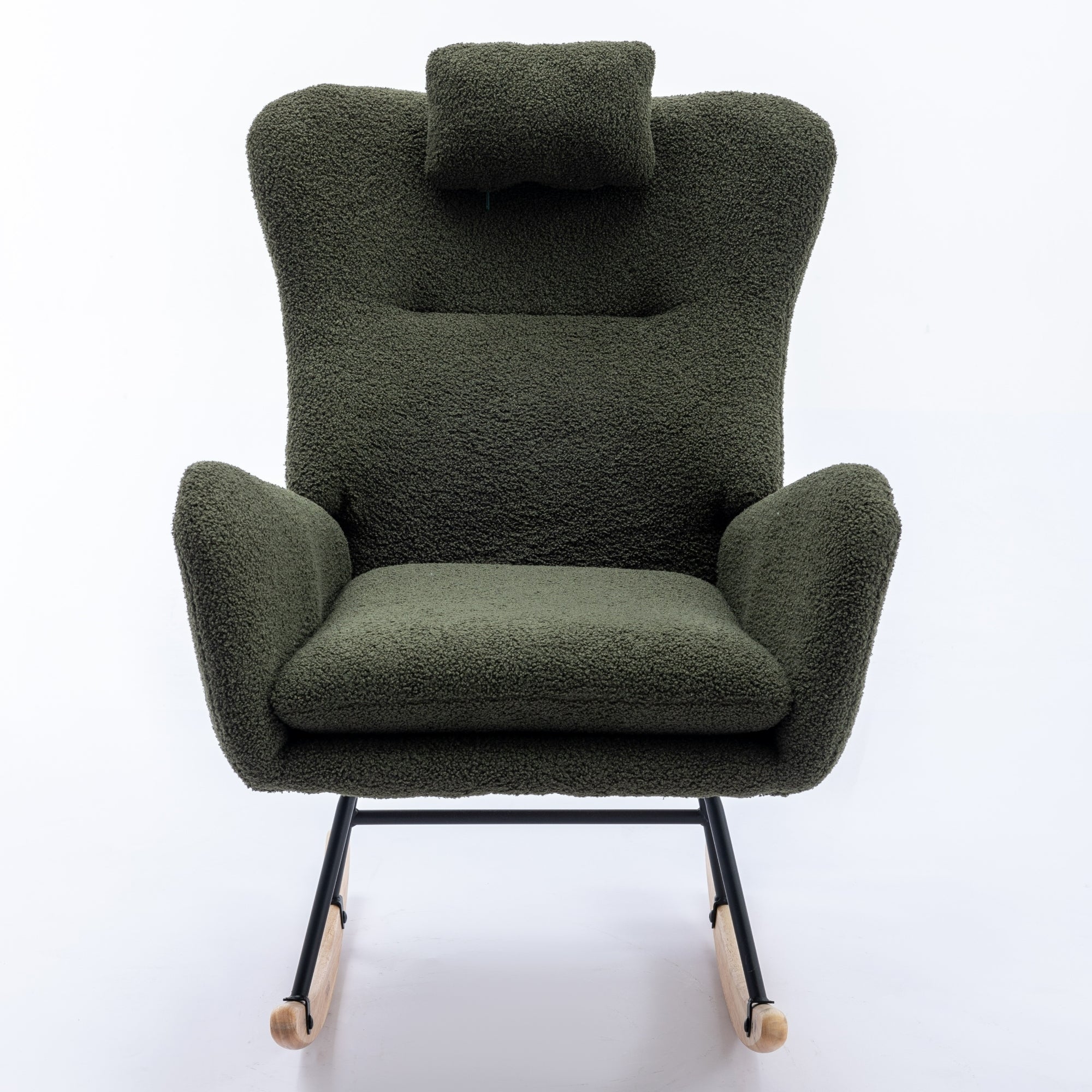 35.5 inch Rocking Chair with Pocket, Soft Teddy Fabric Rocking Chair for Nursery, Comfy Wingback Glider Rocker with Safe Solid Wood Base for Living Room Bedroom Balcony (dark green)