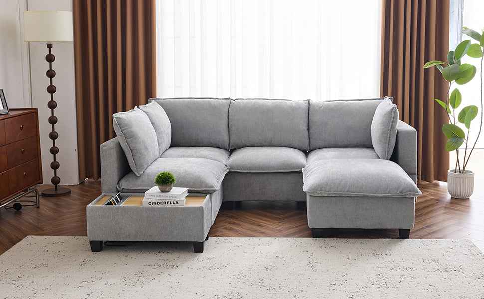 Modular 90' U-shaped Sectional Sofa with Movable Ottoman and Hidden Charging Coffee Table, Grey, Chenille