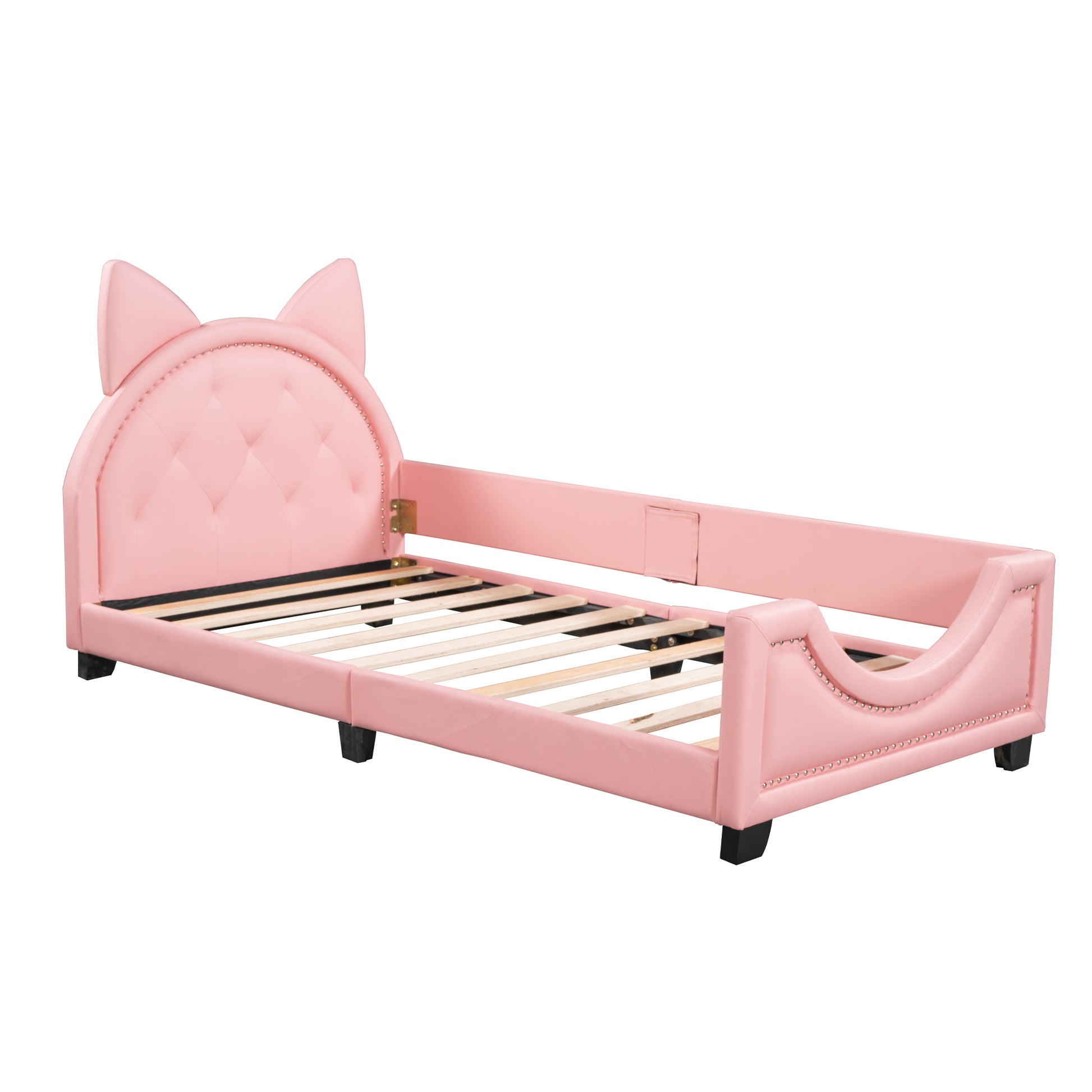 Twin Size Upholstered Daybed with Carton Ears Shaped Headboard, Pink - Abrihome