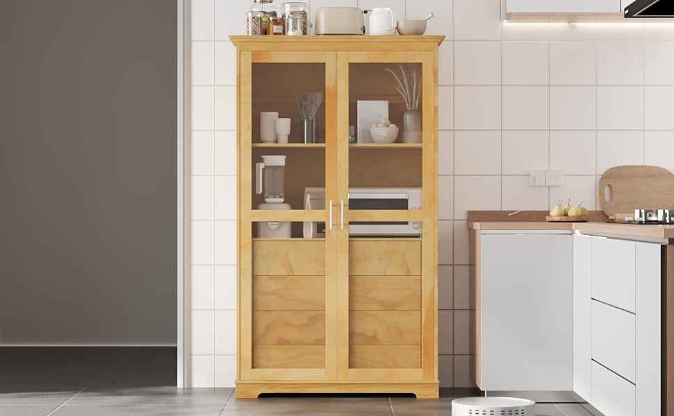 TOPMAX 44.7x20x75inch Kitchen Pantry, Freestanding Kitchen Storage Cabinet Display Cabinet with Glass Doors and 4 Built-in Drawers for Living Room, Home Office, Natural