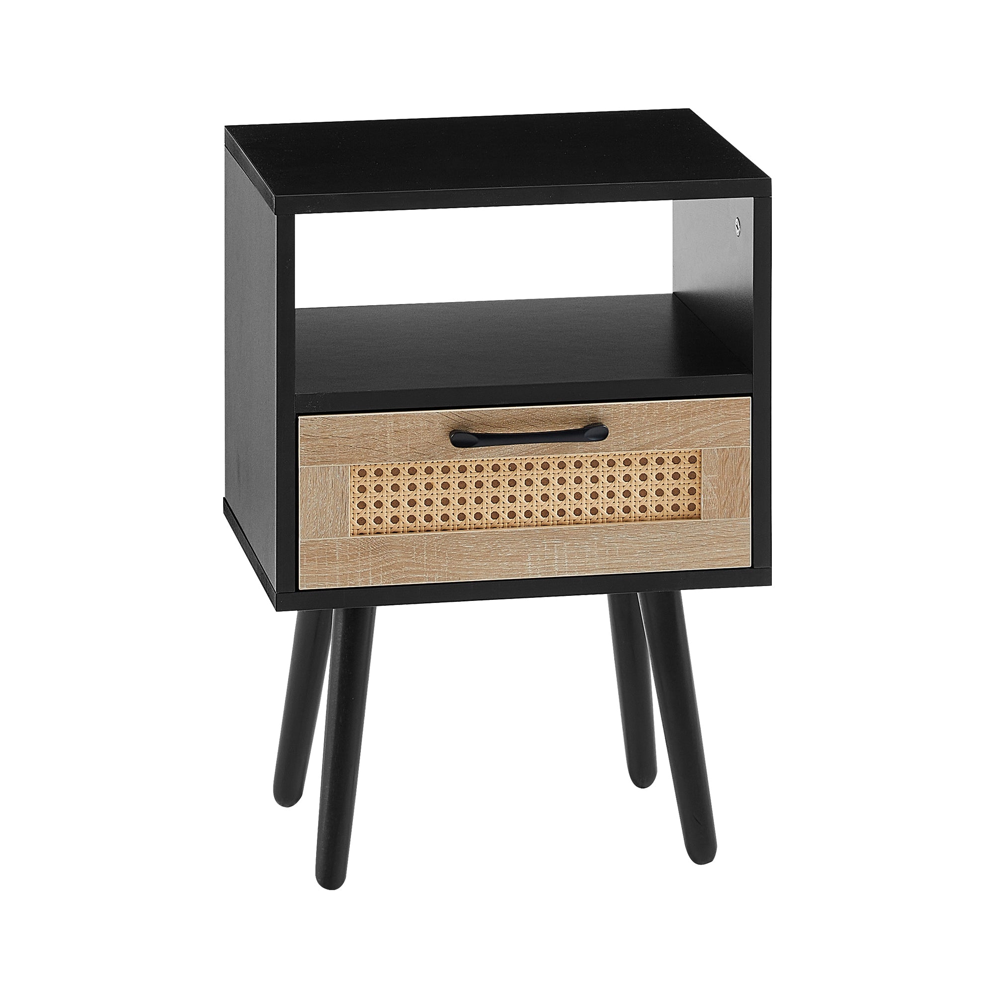 15.75" Rattan End table with  drawer and solid wood legs, Modern nightstand, side table for living room, bedroom, black