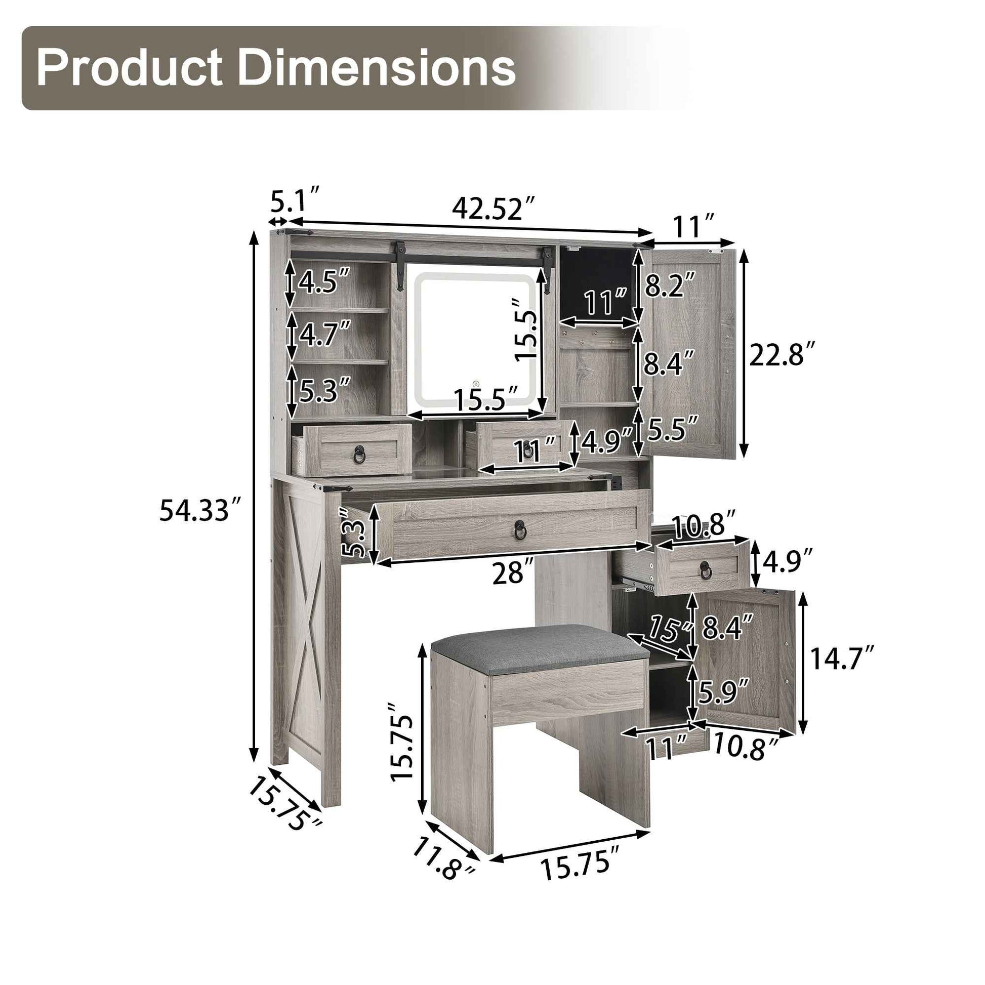 Farmhouse Vanity Desk with Sliding Mirror and Lights, Vanity Set with Glass Top and Charging Station ,Dressing Table with 4 Drawers and 2 Cabinets, Dressing Table with Stool for Bedroom, Gray