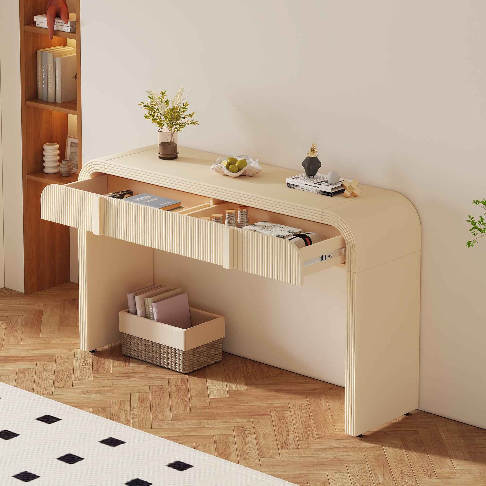 TREXM Modern Console Table with 2 Storage Drawers, Fluted Entryway Table with Rounded Silhouette for Hallway Living Room and Entryway (Apricot Cream)