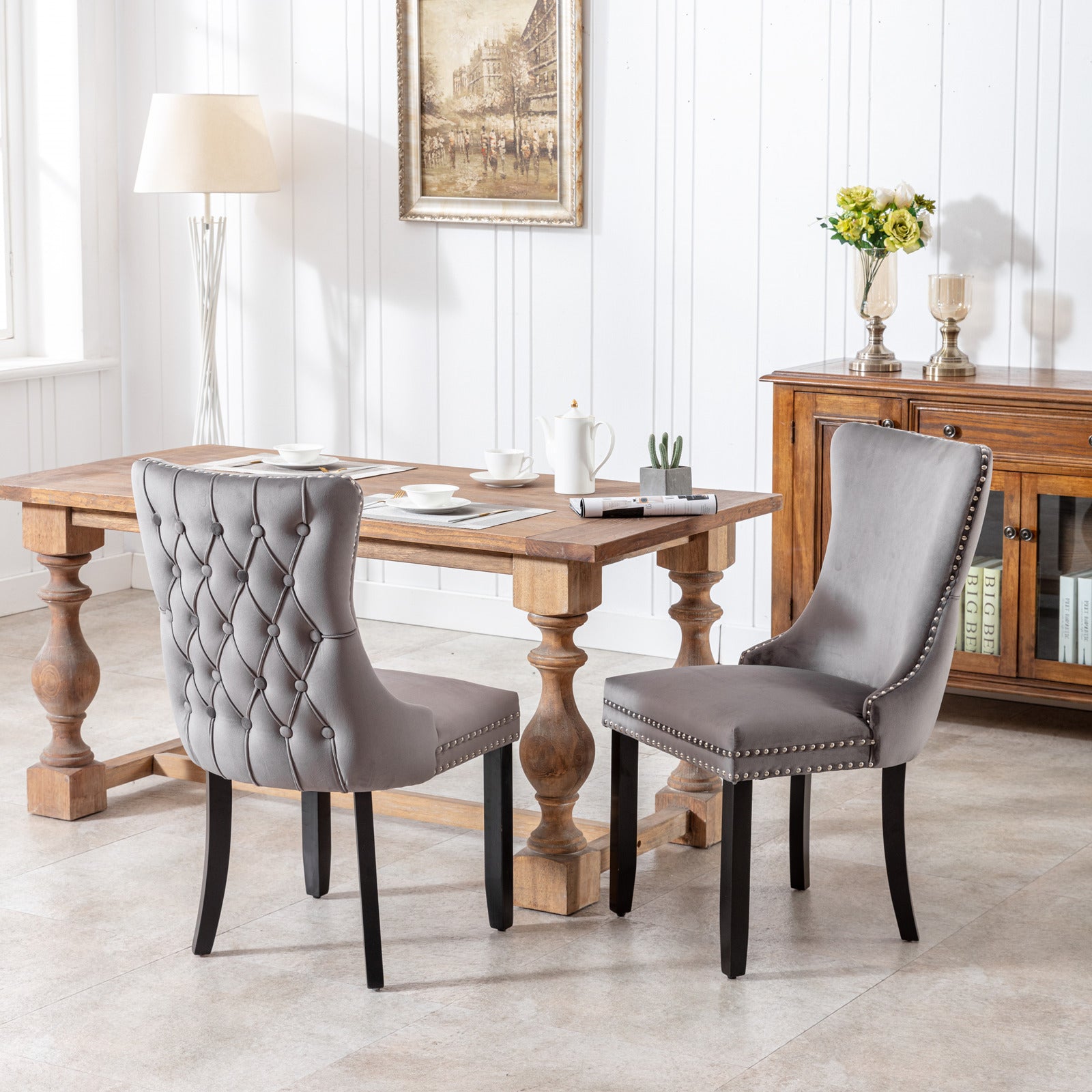 A&A Furniture,Upholstered Wing-Back Dining Chair with Backstitching Nailhead Trim and Solid Wood Legs,Set of 2, Gray,SW8809GY,  KD