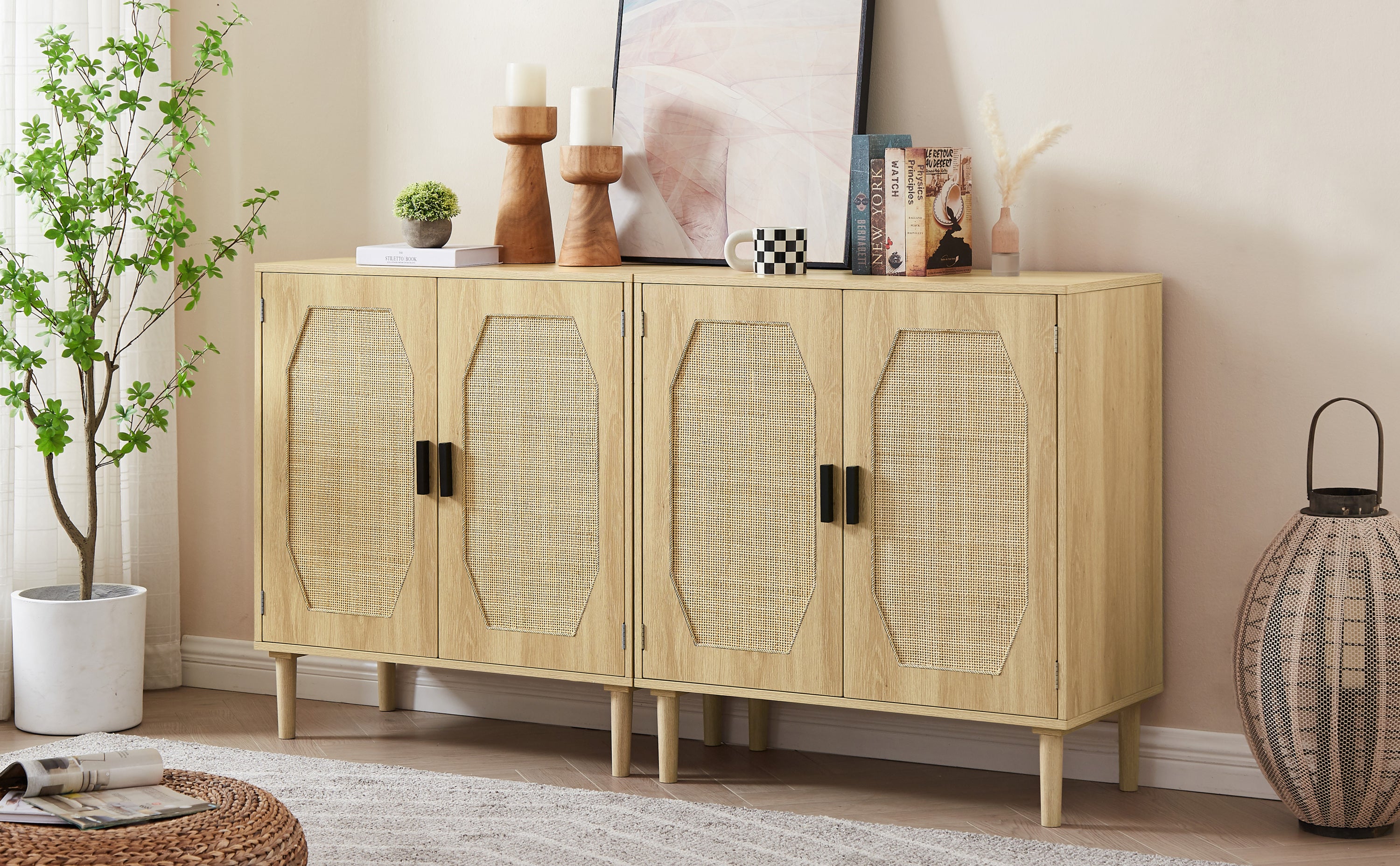 Kitchen storage cabinets with rattan decorative doors, buffets, wine cabinets, dining rooms, hallways, cabinet console tables, Natural, 31.5''W X 15.8''D X 34.6"H.