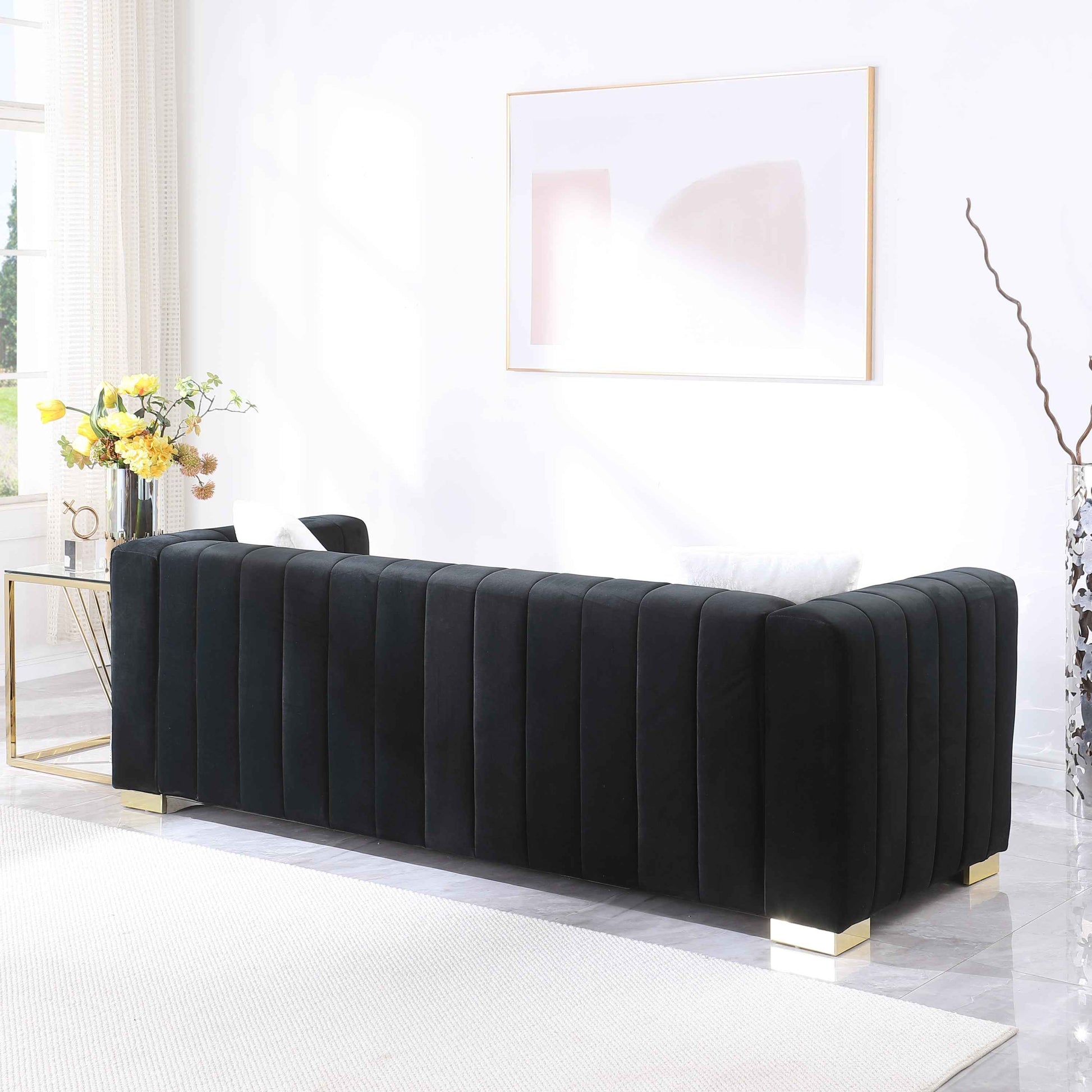 A modern  channel sofa  take on a traditional Chesterfield,Black color,3 seater