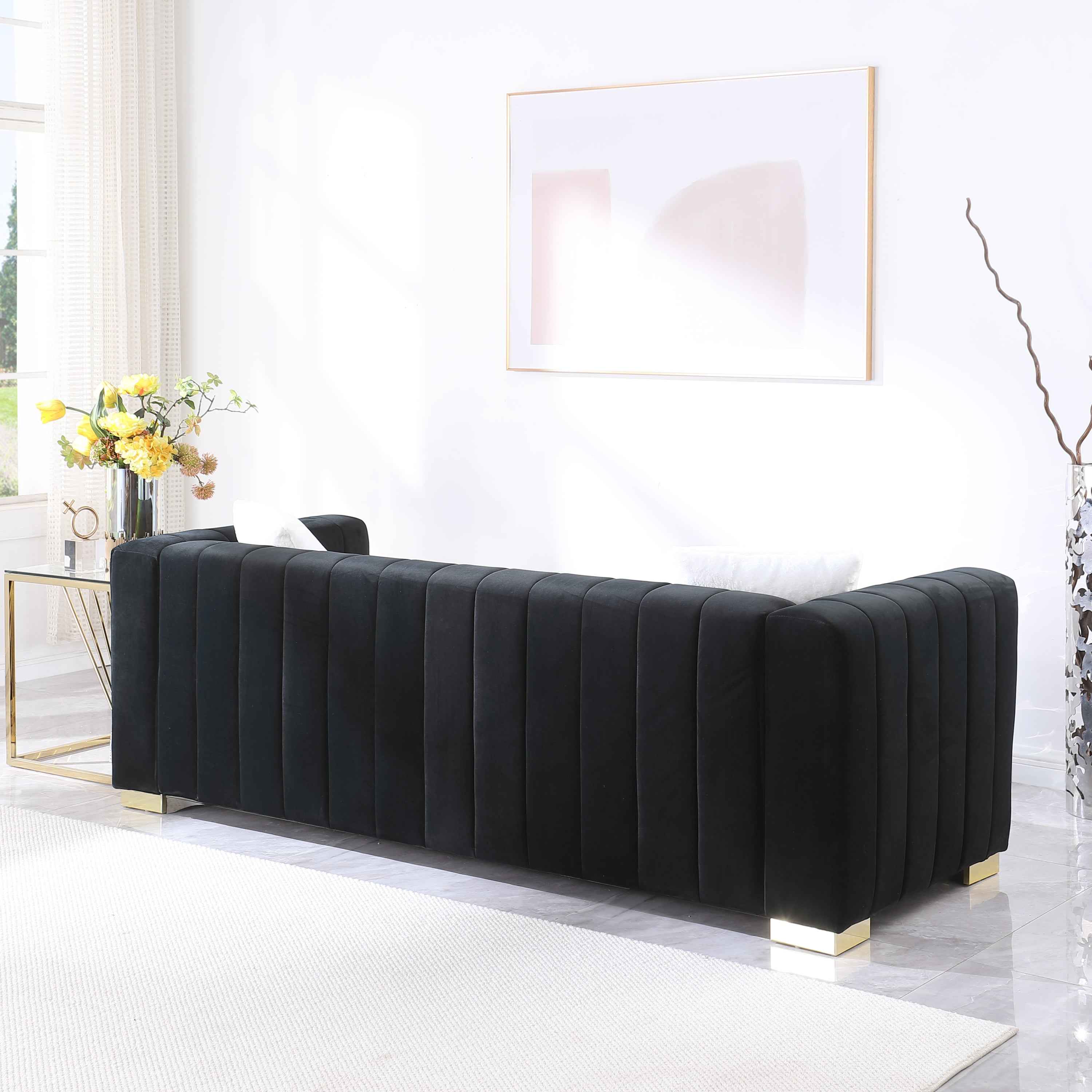 A modern  channel sofa  take on a traditional Chesterfield,Black color,3 seater