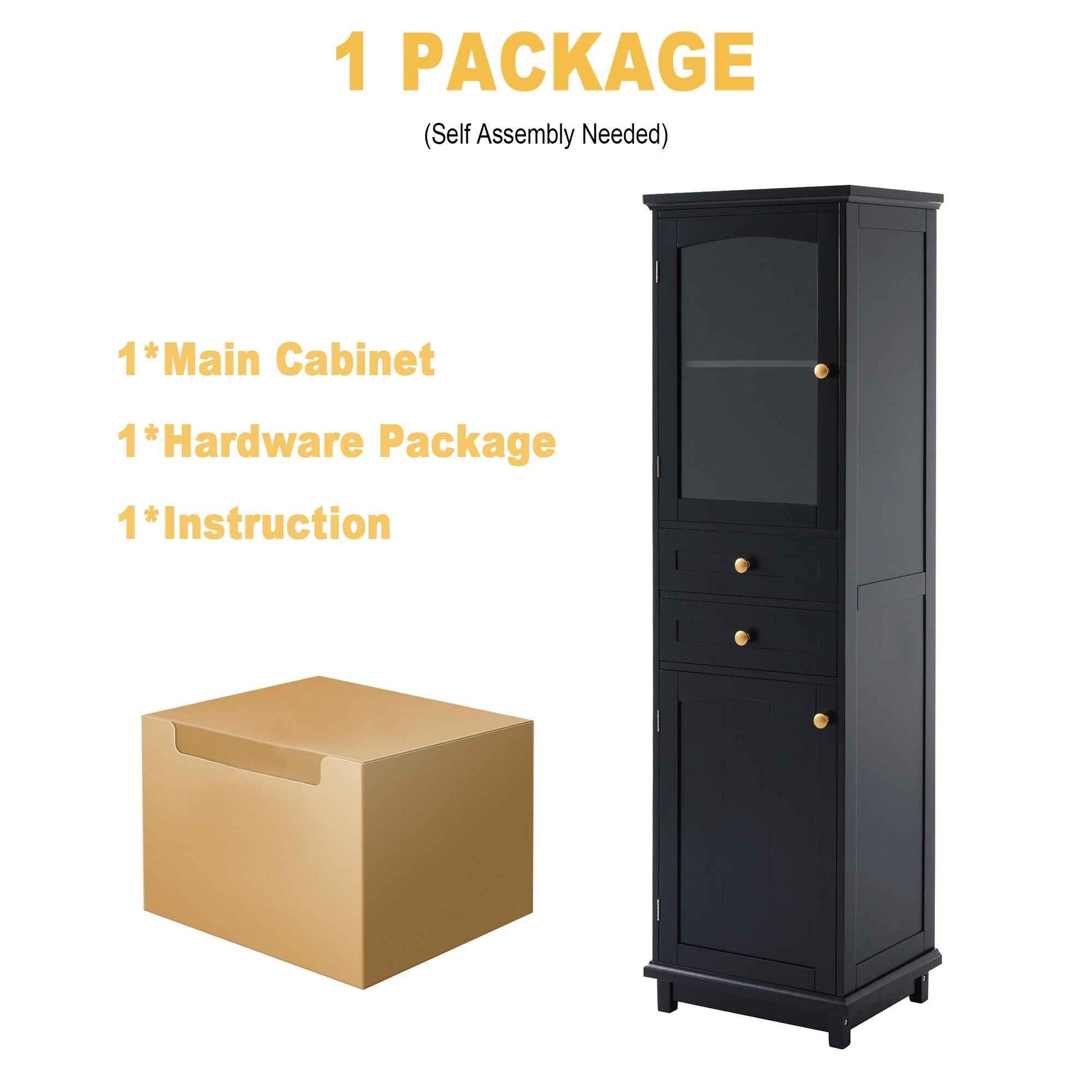 Modern 63-inch Tall Bathroom Storage Cabinet with Glass Doors, Two Drawers, Adjustable Shelves, Made of MDF with Black Painted Finish, Ideal for Organized Display