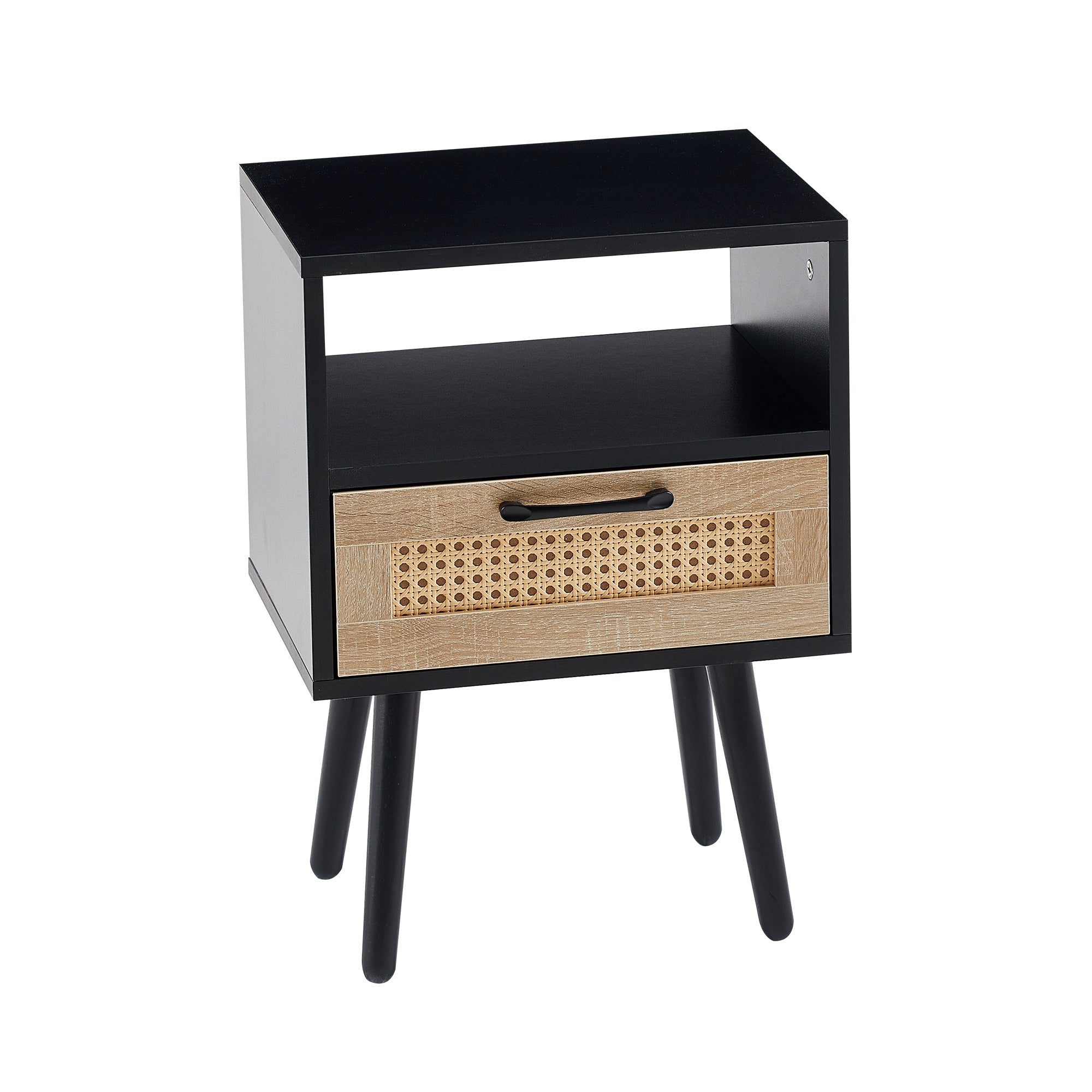 15.75" Rattan End table with  drawer and solid wood legs, Modern nightstand, side table for living room, bedroom, black