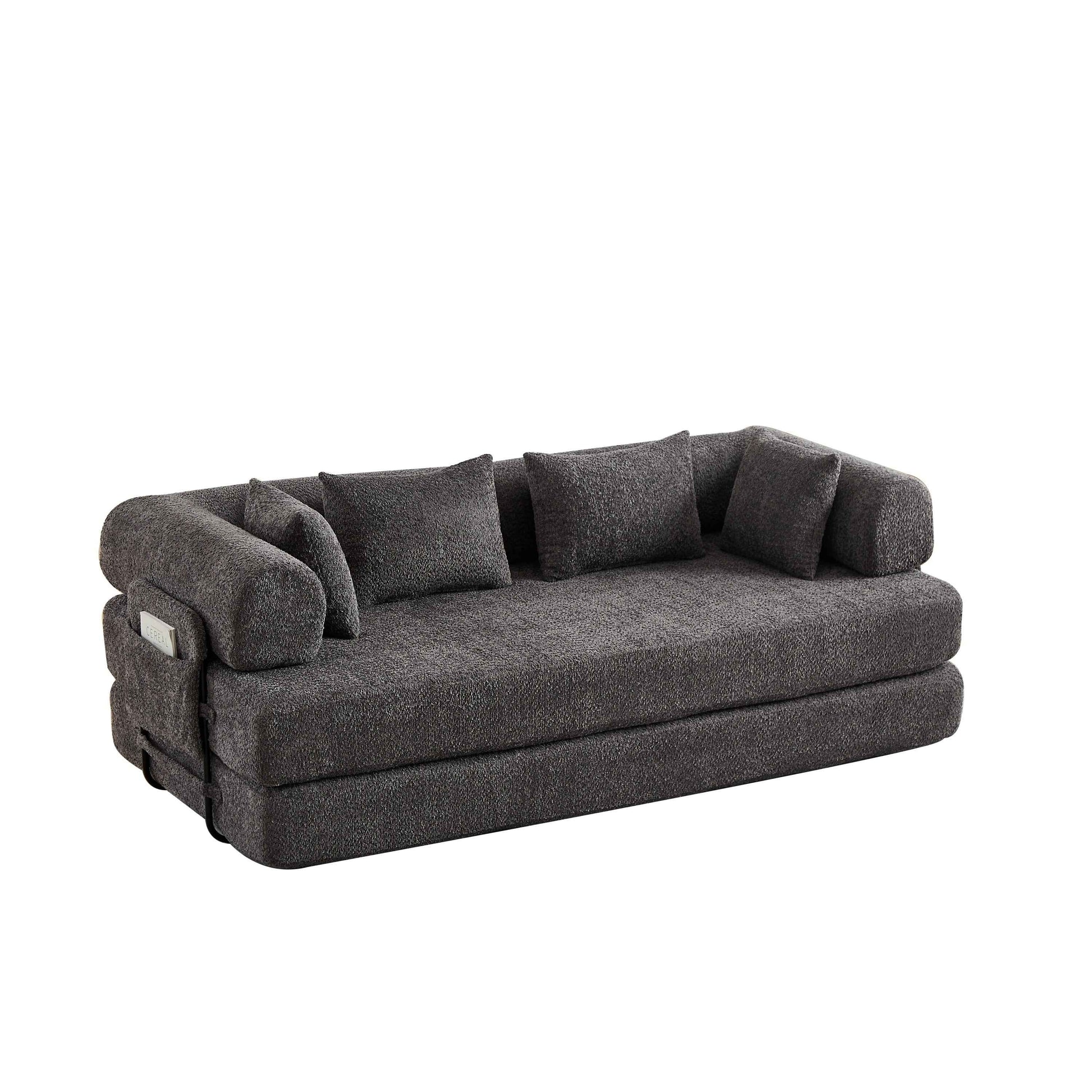 Grey Chenille Convertible Sleeper Sofa Bed with Cylindrical Pillow, Folding Mattress Couch with Side Pocket for Living Room Bedroom Lounge Studio