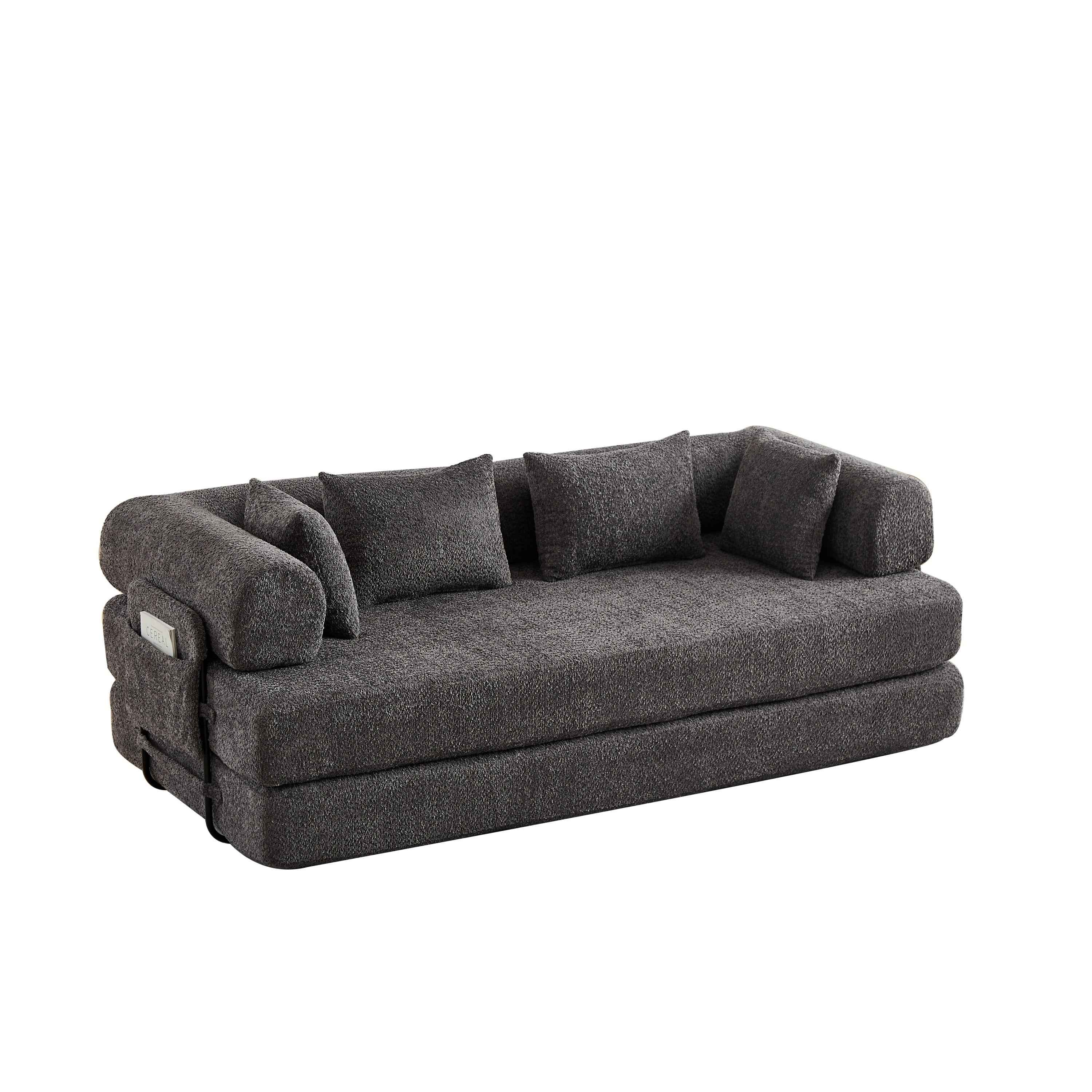 Grey Chenille Convertible Sleeper Sofa Bed with Cylindrical Pillow, Folding Mattress Couch with Side Pocket for Living Room Bedroom Lounge Studio