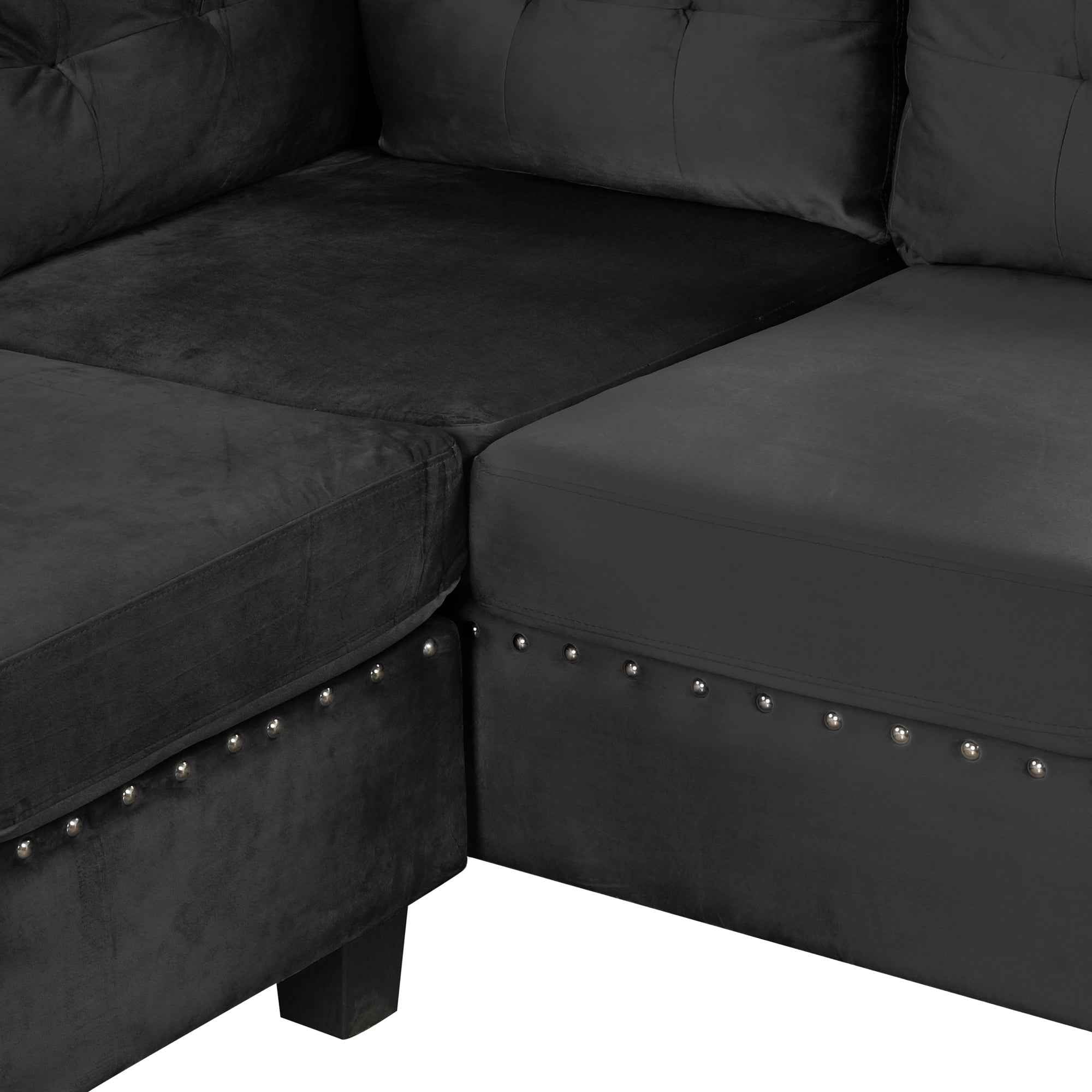 Modern Sectional Sofa with Storage Ottoman, L-Shape Couch with 2 Pillows and Cup Holders, Black Velvet, 105'
