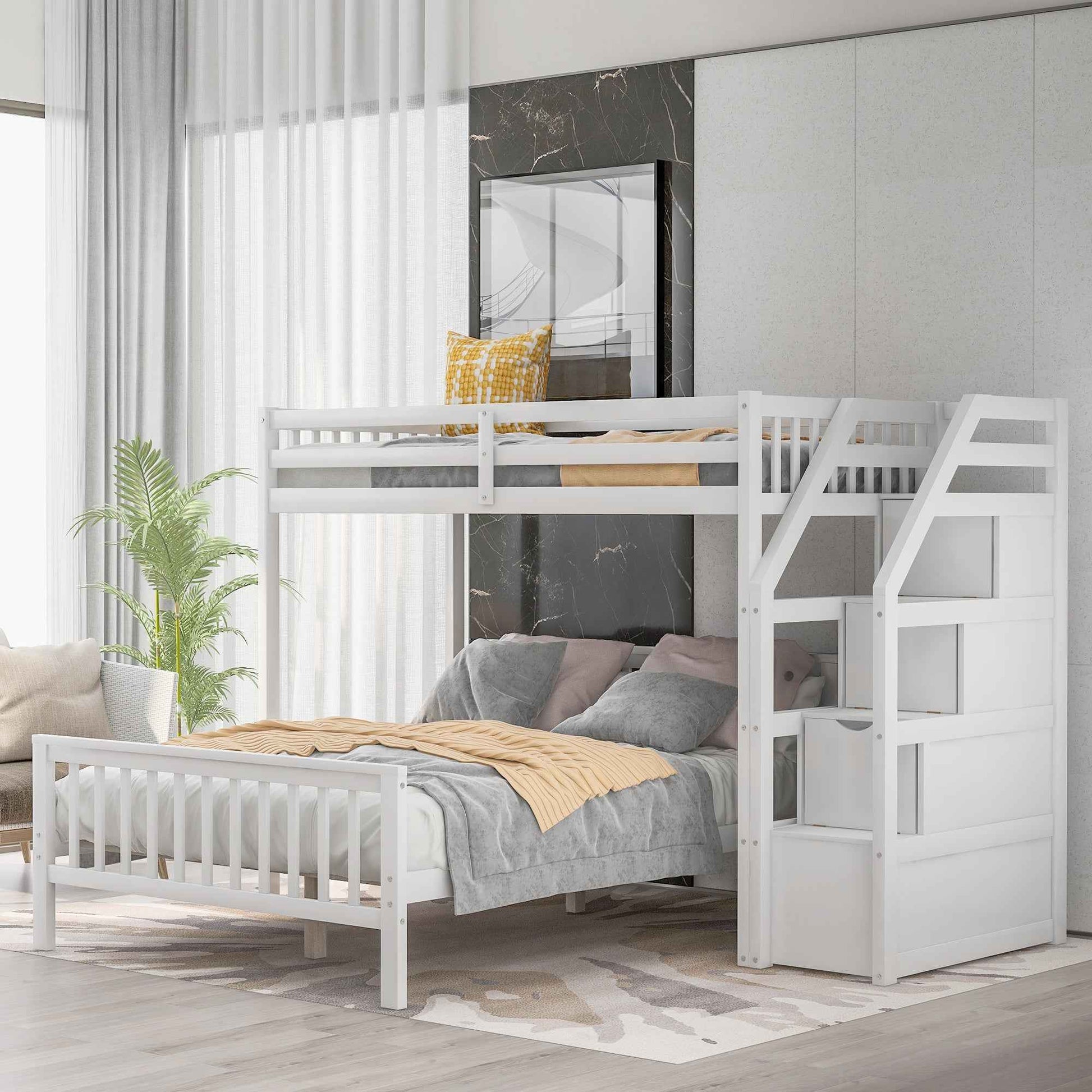 White Twin over Full Loft Bed with Staircase and Storage, Pine Wood + MDF, 97.2''L x 78.4''W x 61.4''H