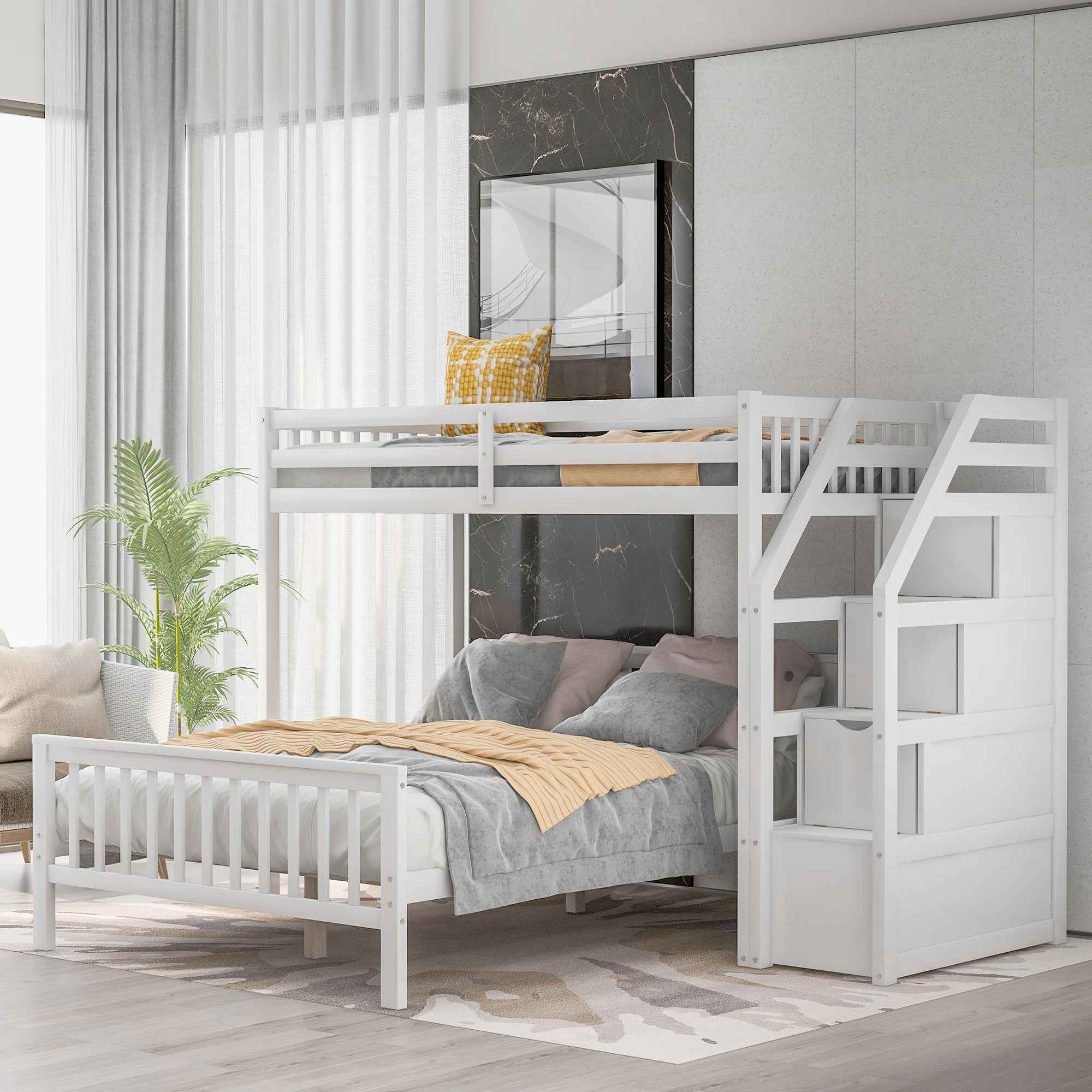 White Twin over Full Loft Bed with Staircase and Storage, Pine Wood + MDF, 97.2''L x 78.4''W x 61.4''H