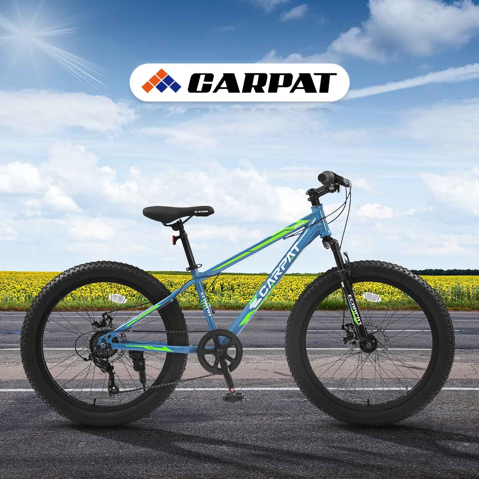 S24109 Elecony 24 Inch Fat Tire Bike Adult/Youth Full Shimano 7 Speeds Mountain Bike, Dual Disc Brake, High-Carbon Steel Frame, Front Suspension, Mountain Trail Bike, Urban Commuter City Bicycle
