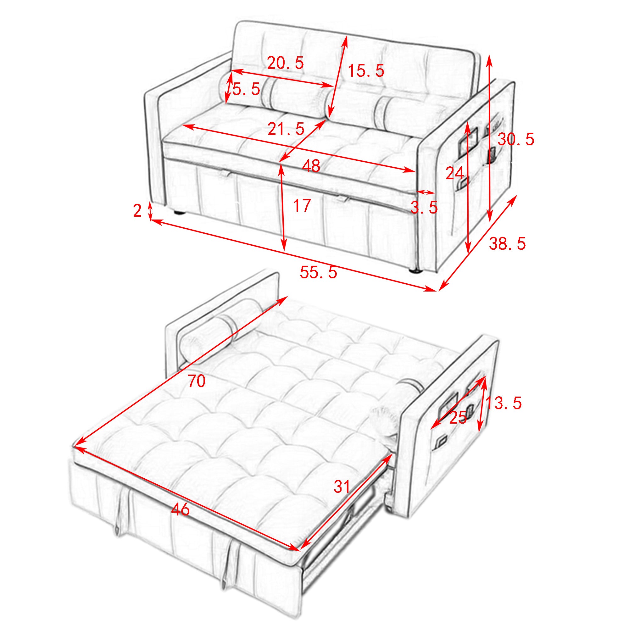 Modern 55.5' Pull Out Sleep Sofa Bed 2 Seater Loveseats Sofa Couch with side pockets, Adjsutable Backrest and Lumbar Pillows for Apartment Office Living Room - Abrihome