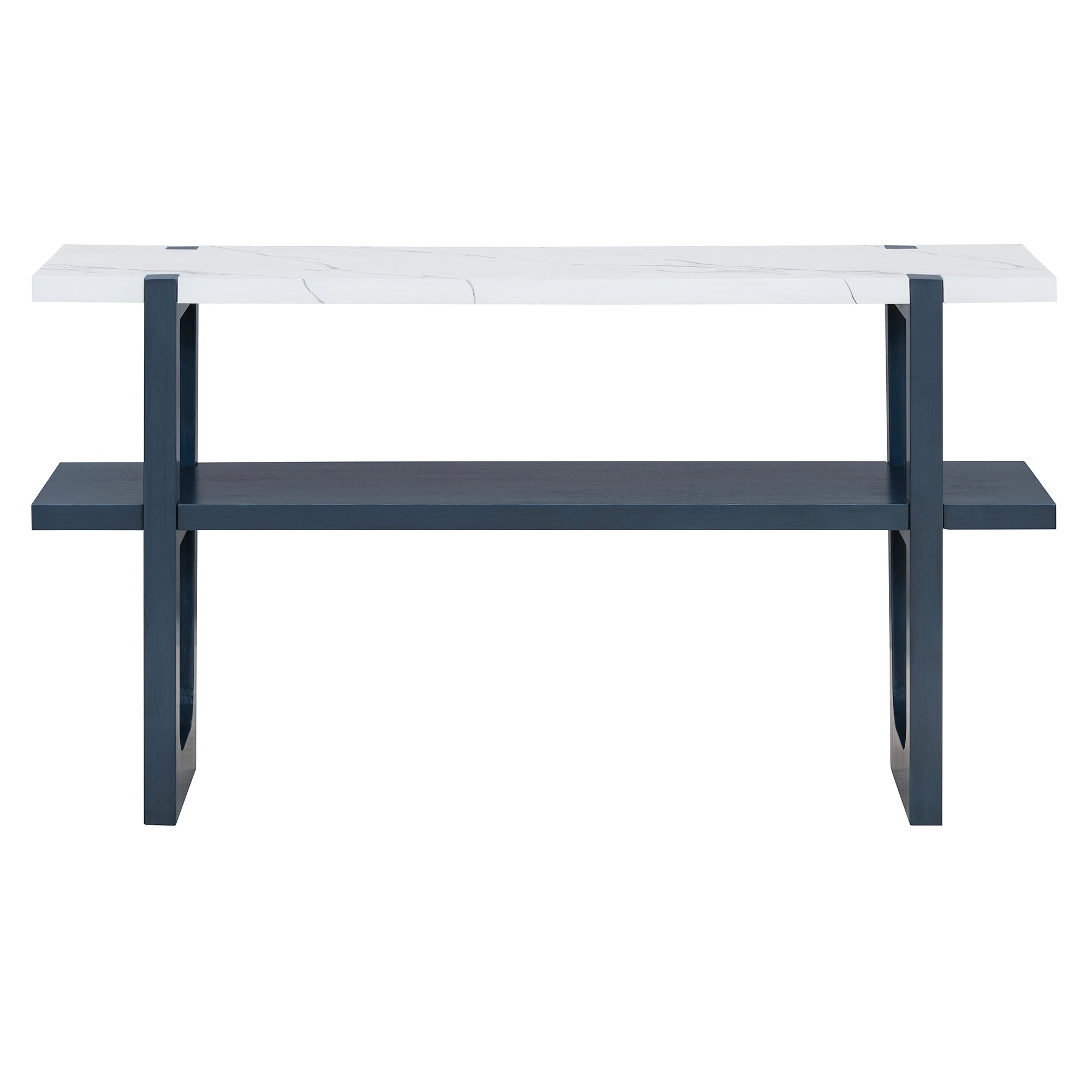 TREXM Retro Elegant Console Table with Marble-Effect Top and Versatile Storage Solutions for Entryway and Living Room (Navy)