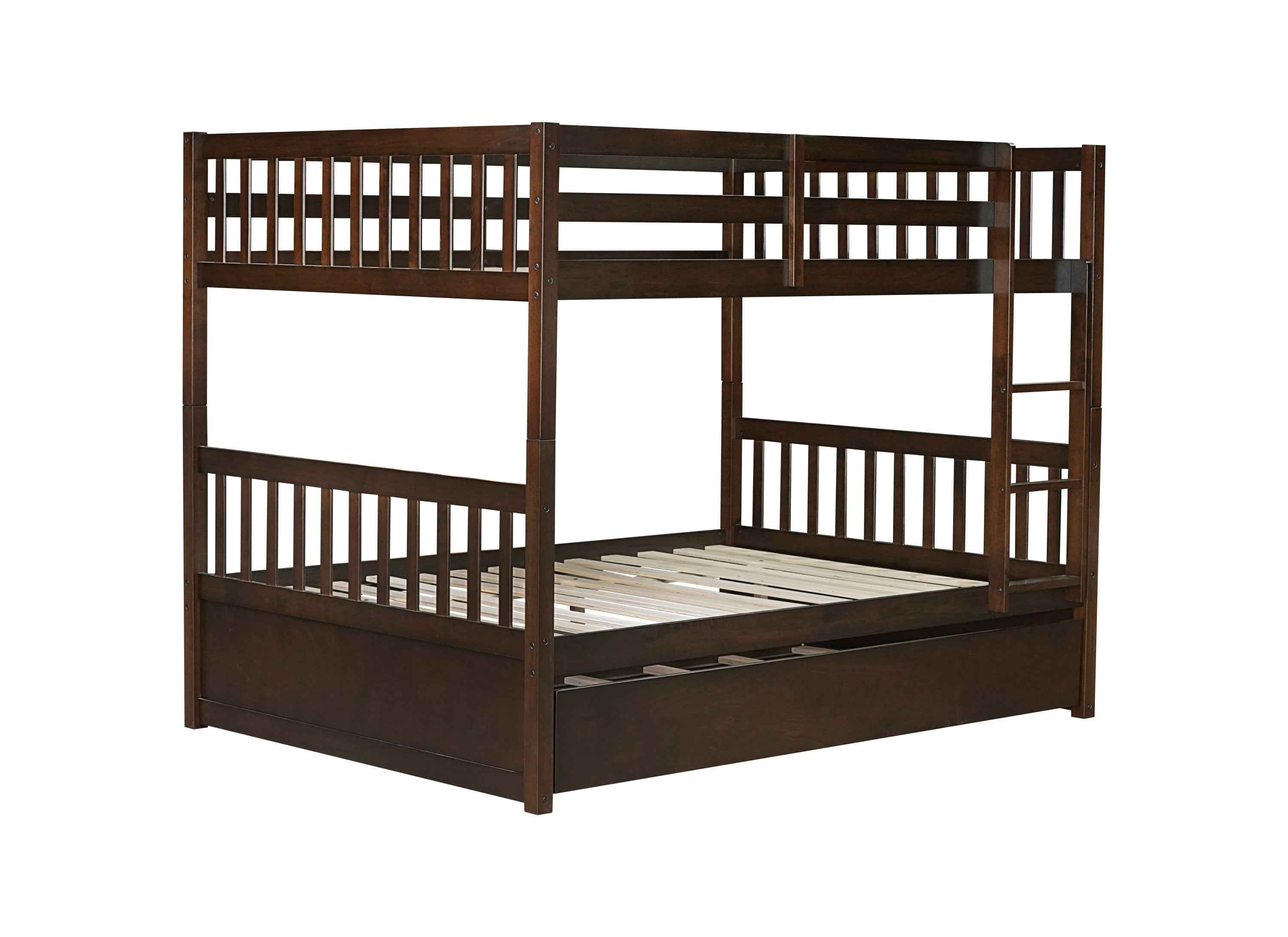 Full Over Full Rubber Wood Bunk Bed with Trundle, Ladder and Guardrails, Convertible to 2 Full Size Beds, with Twin Size Trundle ,Espresso