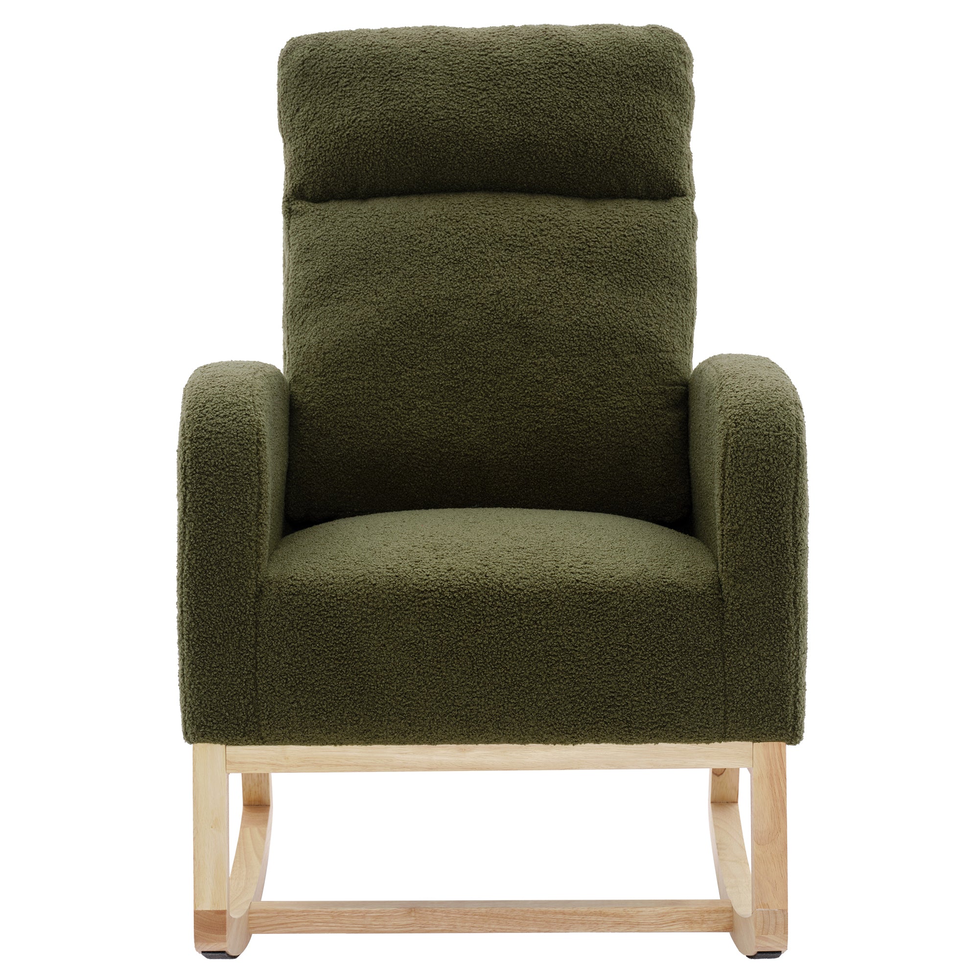 Modern Accent Rocking Chair Rocking Chair with Solid Wood Legs, Upholstered Nursery Glider Rocker, Comfy Armchair with Side Pocket, Living Room Lounge Arm Chair with High Backrest (Dark green,teddy)