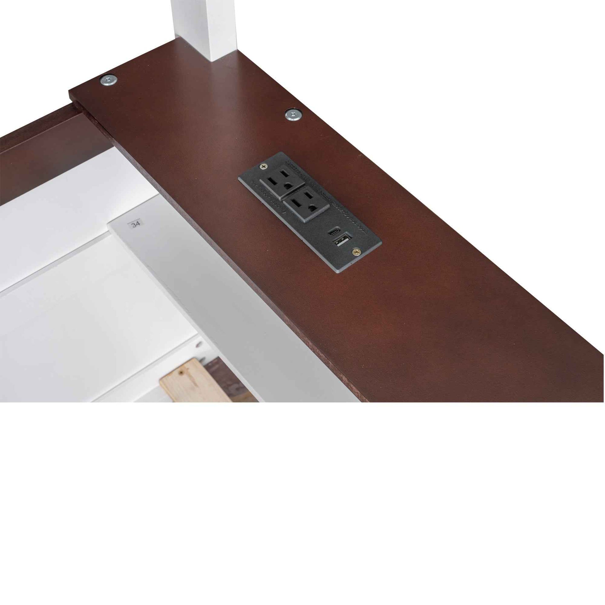 White Queen Size Wooden Bunk Bed with Built-in Shelves, Storage Box, LED Light, and USB Charging Station - Pine Wood + MDF