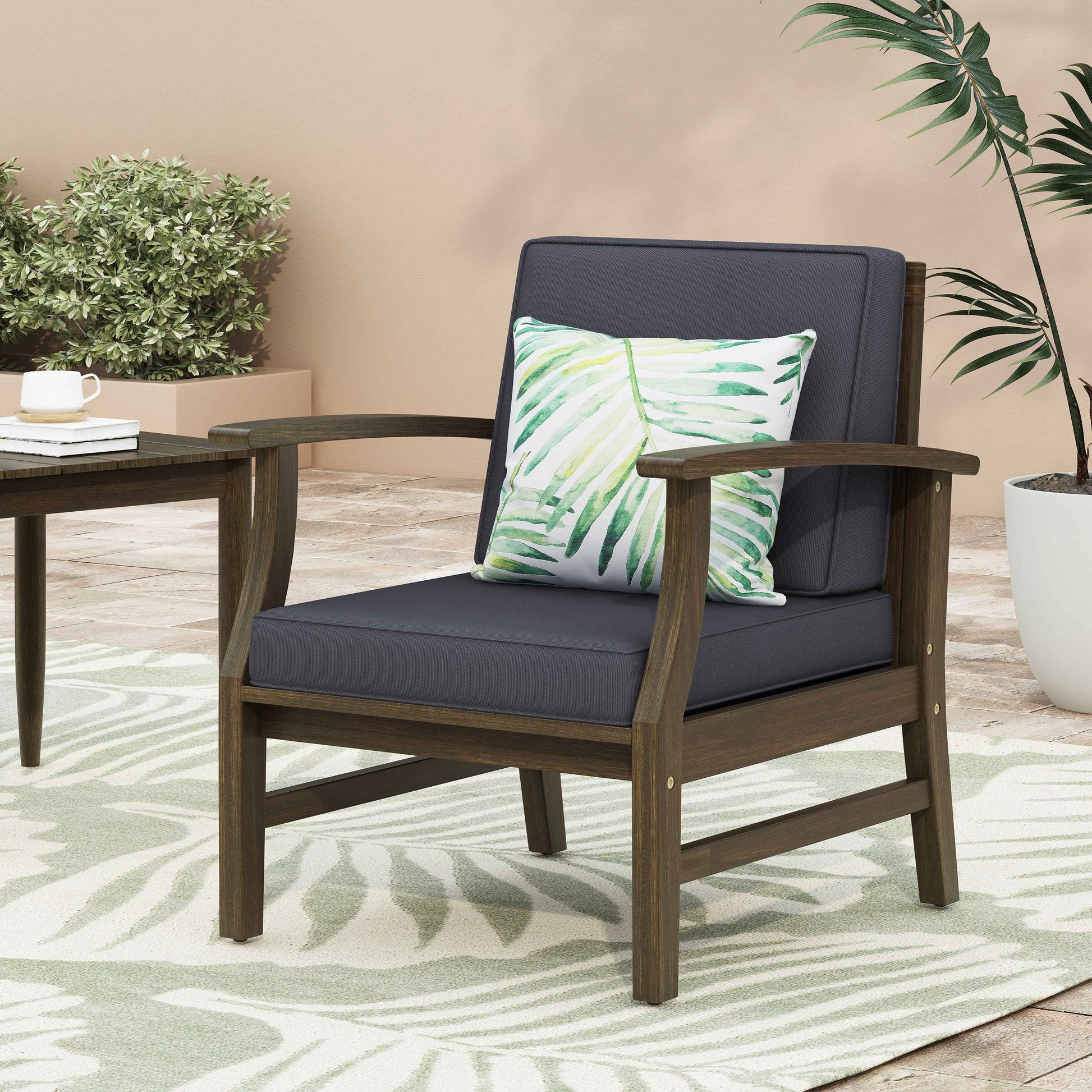 Enchanting Outdoor Club Chair with Slat Panel Design and Water Resistant Cushion, Dark Grey