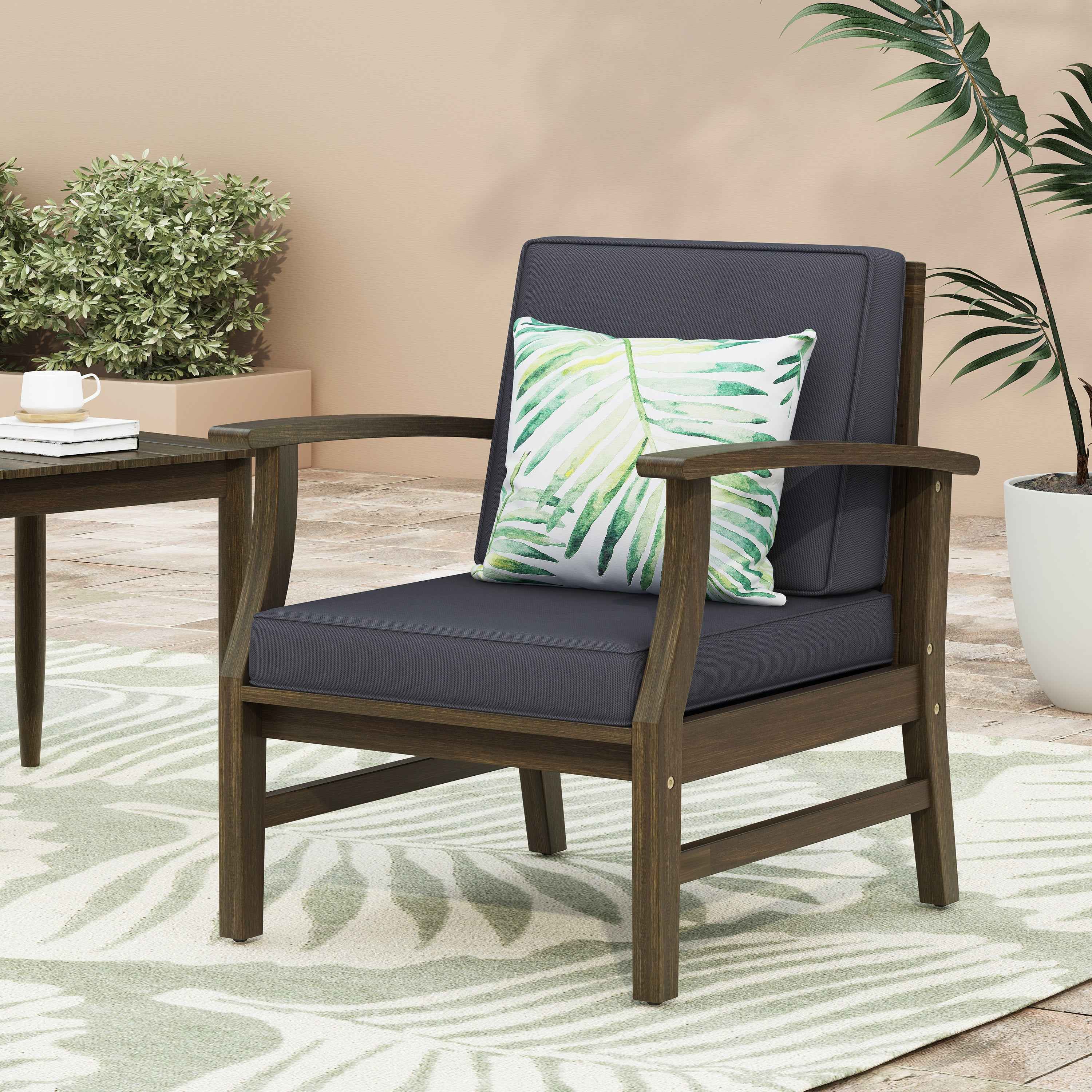 Enchanting Outdoor Club Chair with Slat Panel Design and Water Resistant Cushion, Dark Grey