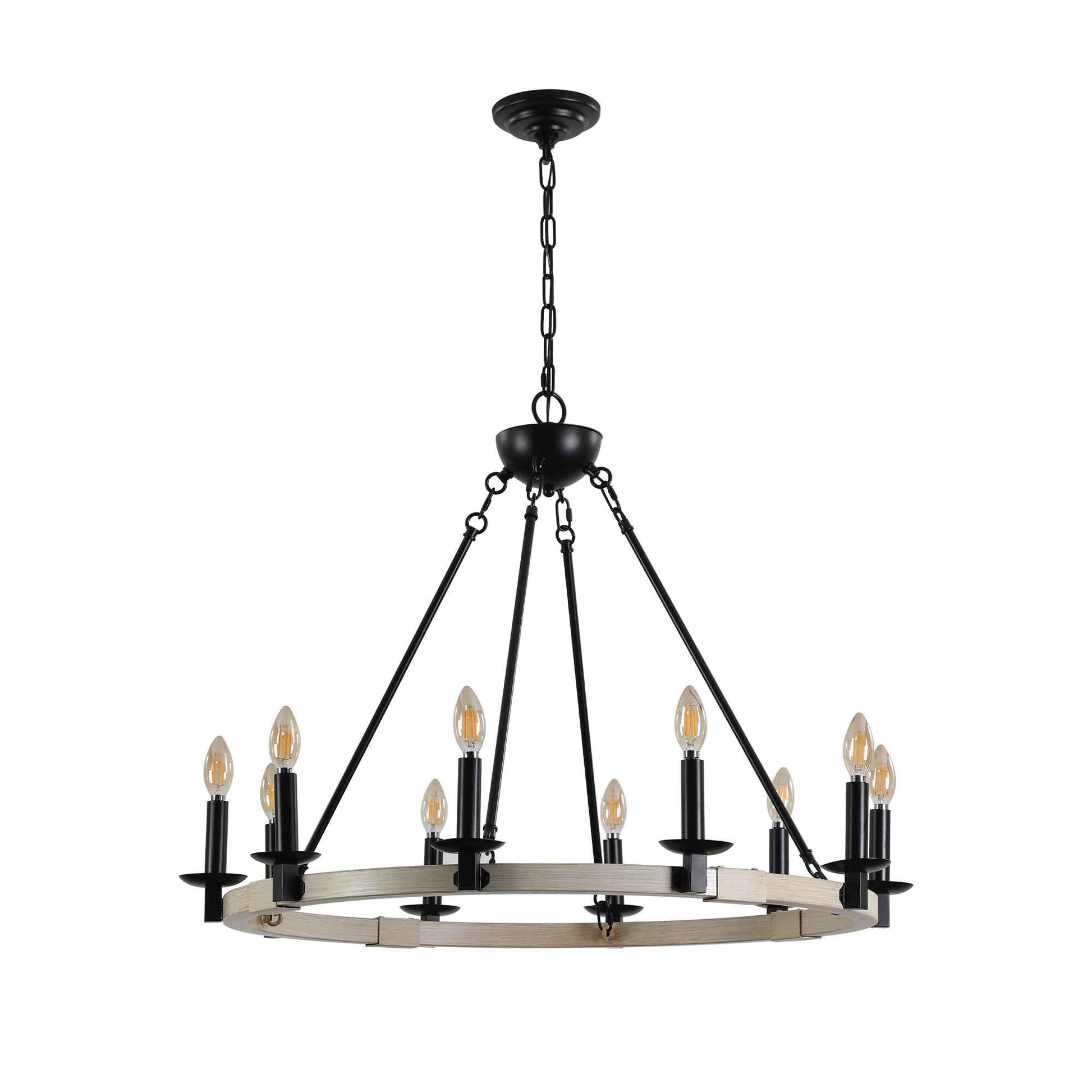 32' Rustic Farmhouse 10-Light Candle Chandelier, Black Metal and Wood Round Hanging Light Fixture for Dining Room, Kitchen, Living Room, Adjustable Height, E12 Bulb Base (No Bulbs)