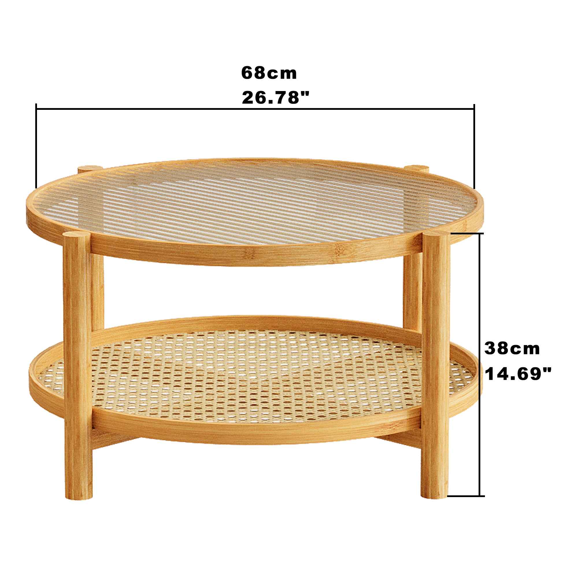 Rattan Coffee Table, 2-Tier Bamboo Coffee Table with Glass Top and PVC Rattan Storage Shelf, Modern Round Coffee Table for Living Room, Office, Natural