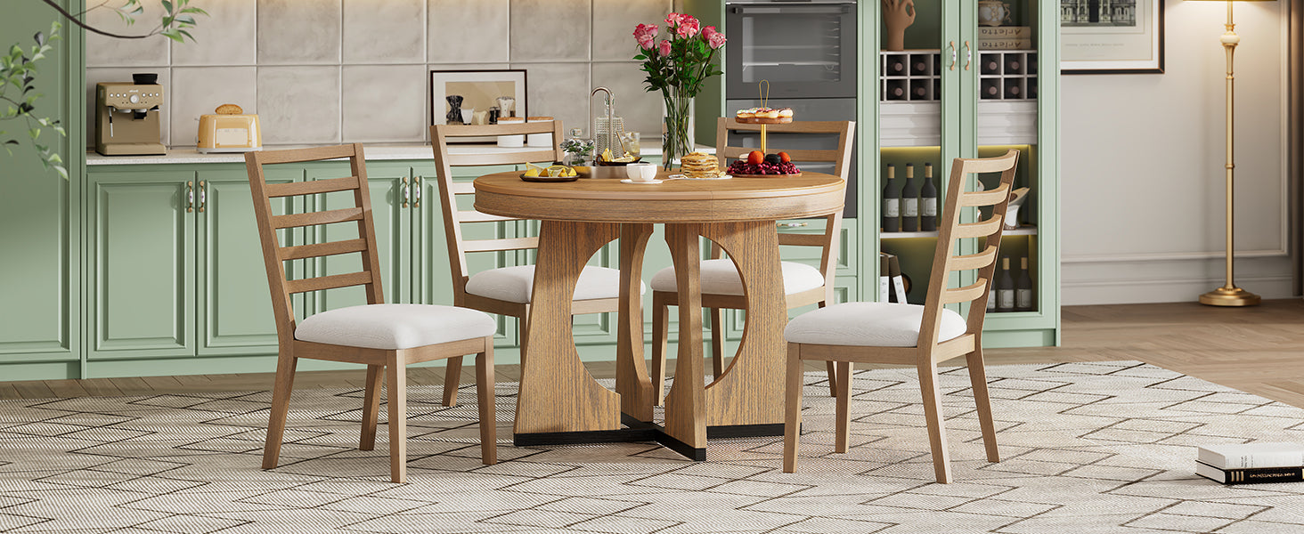TREXM 5-Piece Retro Rustic Functional Dining Set Unique Geometric Design, 1 Extendable Table with a 16-inch Leaf and 4 Upholstered Chairs Ideal for Dining Room and Kitchen (Natural) - Abrihome