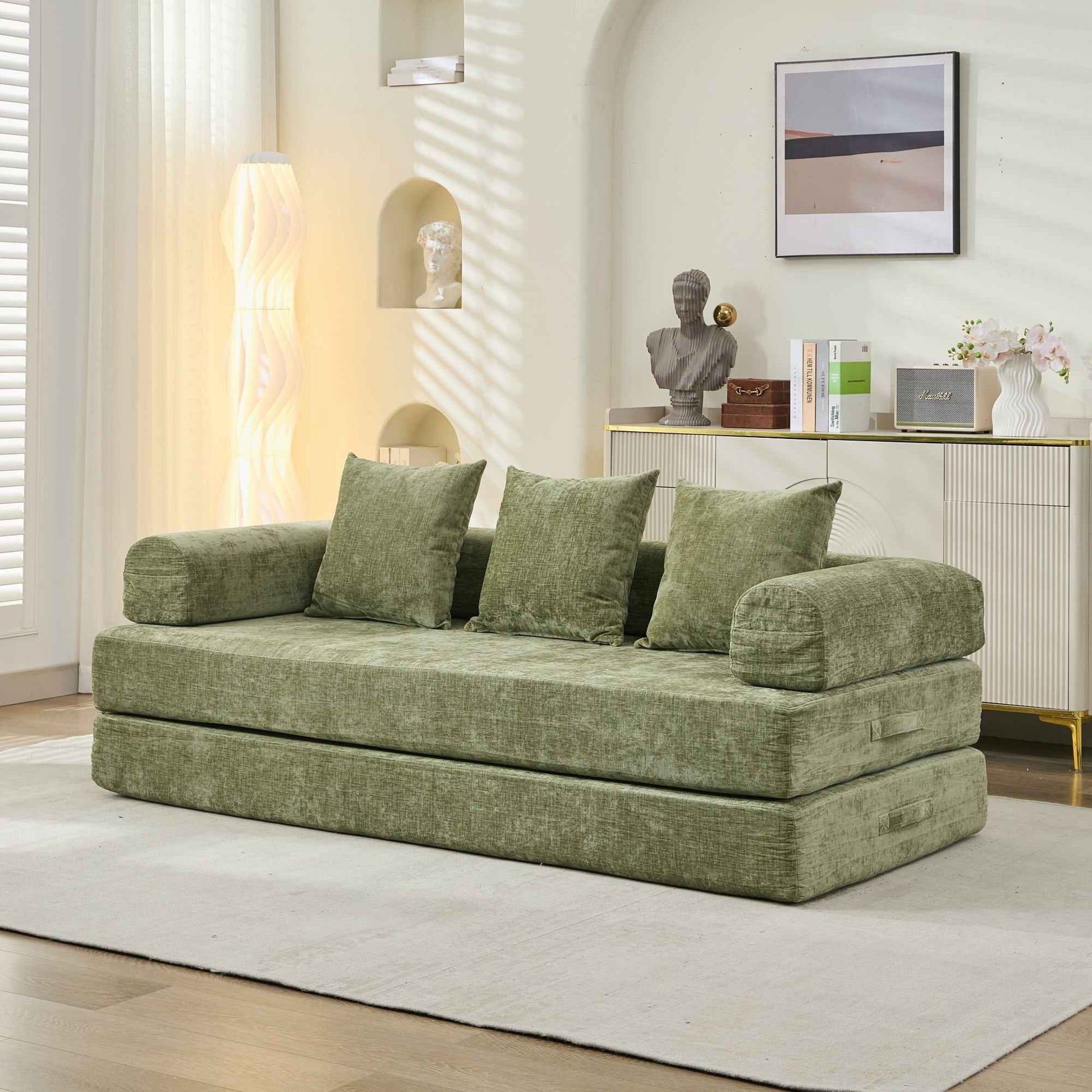 Comfy Convertible Folding Mattress Couch, Floor Sofa Bed, Chenille Floor Sofa with Armrest, Floor Sofa Lounge Couch for Living Room Bedroom Lounge Studio-Green