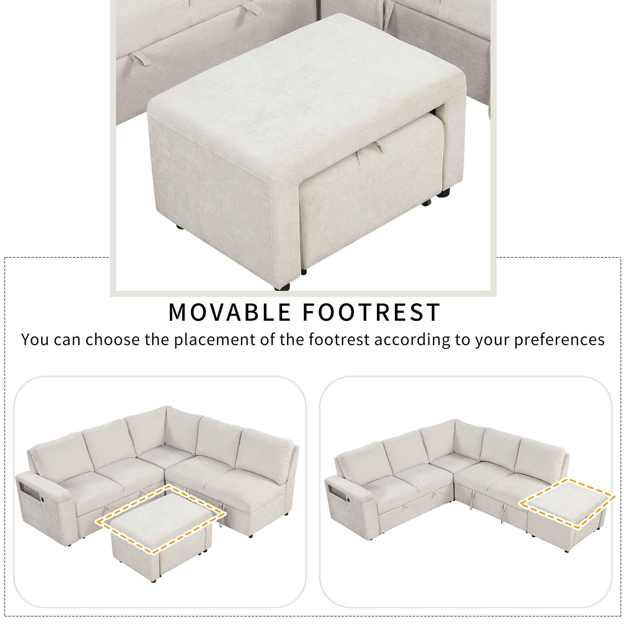 U_STYLE  L-shaped Padded Modular Sofa with Storage Space, USB Ports, and Cup Holders on the Armrests, Suitable for Living Rooms, Offices, and Apartments.