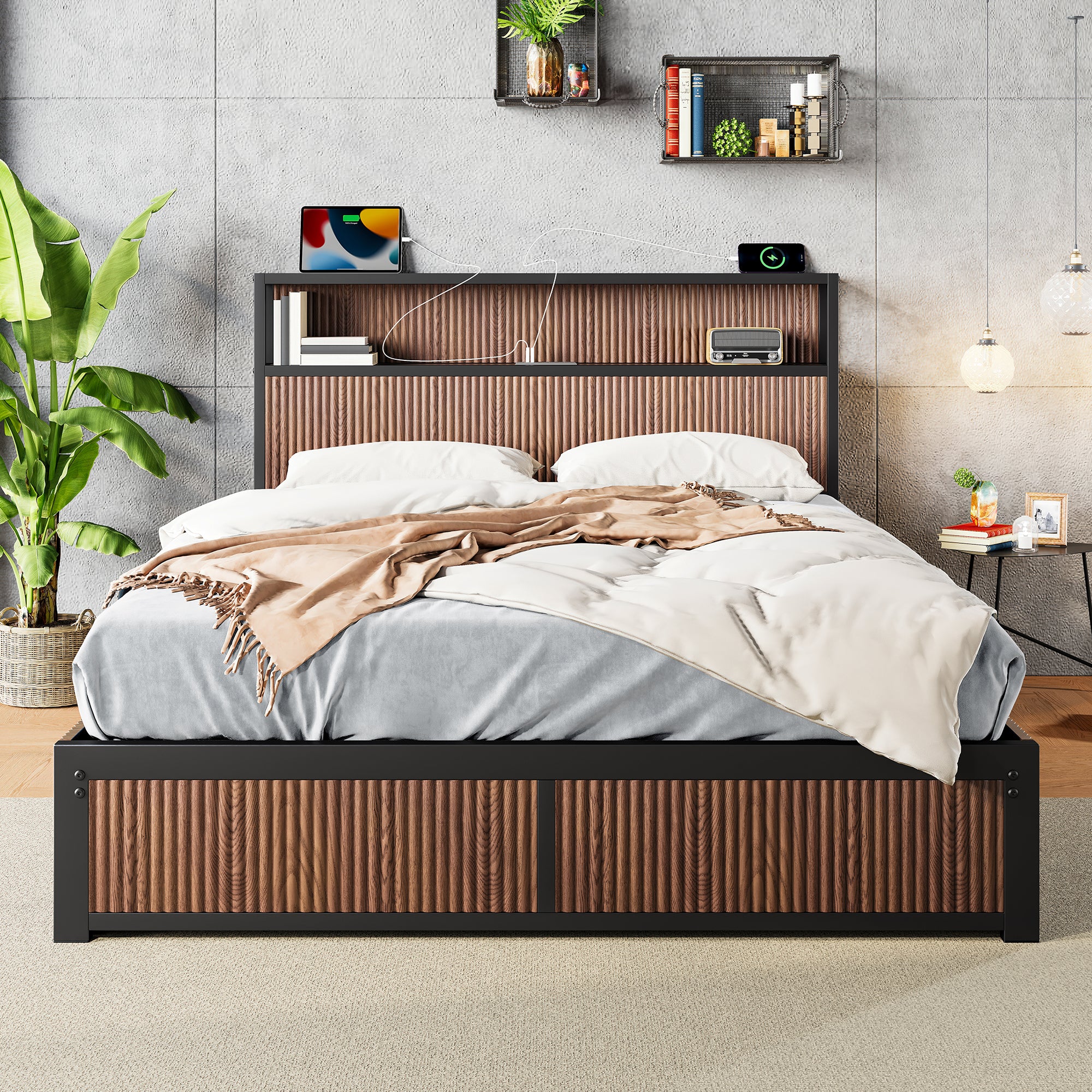 Large raised-pattern storage bed frame, wooden platform bed frame with multiple drawer storage function, bedside socket, brown wood (Queen) - Abrihome