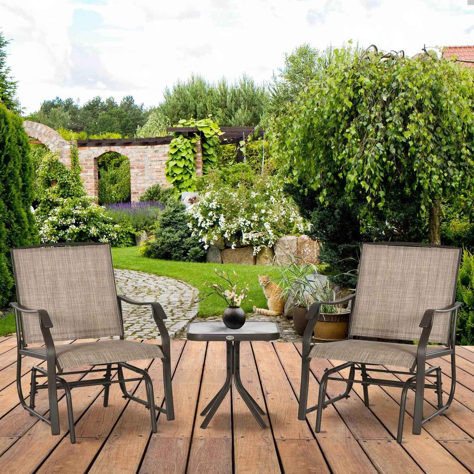 Outsunny 3 Piece Outdoor Glider Chair with Coffee Table Bistro Set, 2 Patio Rocking Swing Chairs with Breathable Sling Fabric, Glass Tabletop, for Backyard, Garden and Porch, Mixed Brown