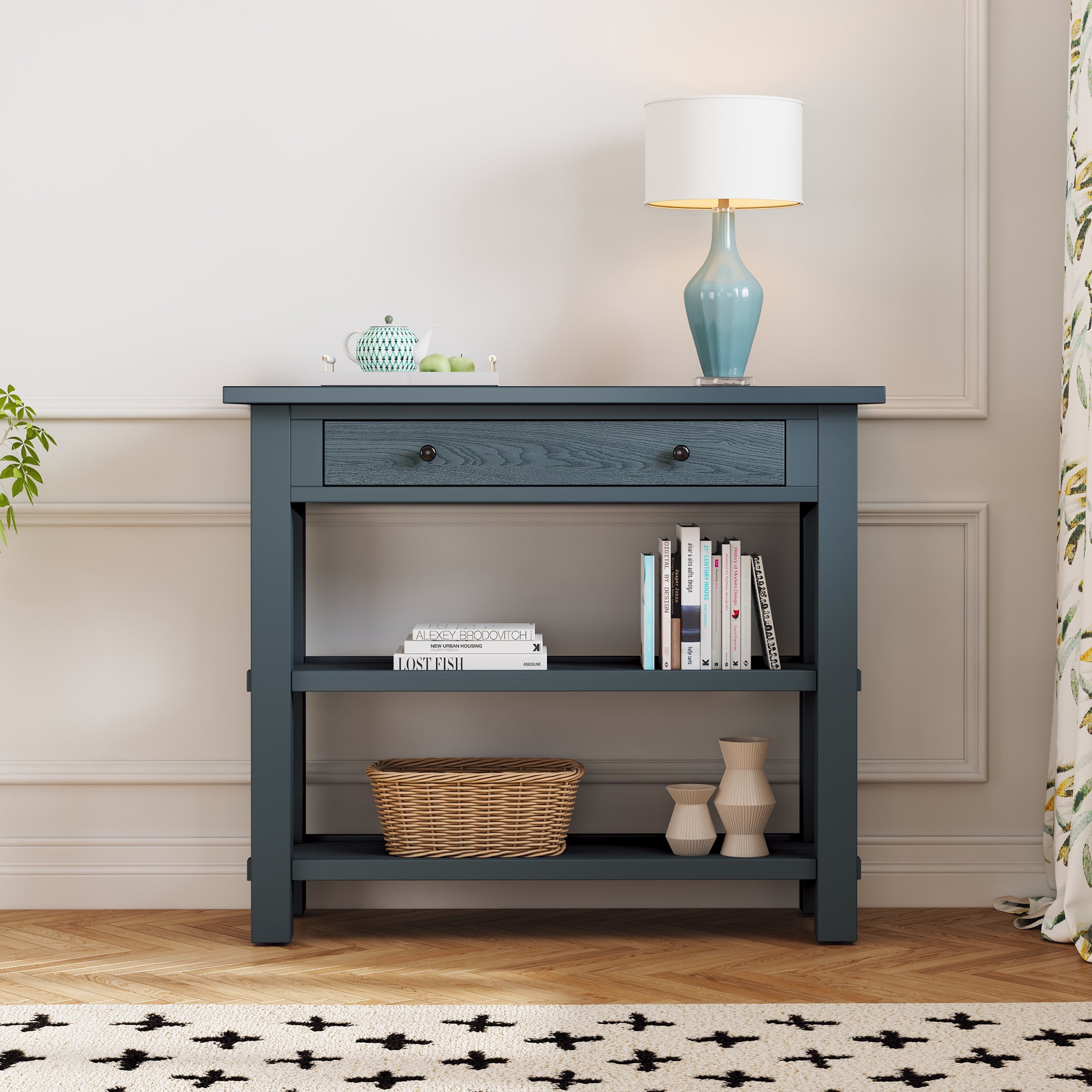 TREXM Retro Console Table with Drawer and Two Sturdy Shelves for Entryway, Living Room (Navy)