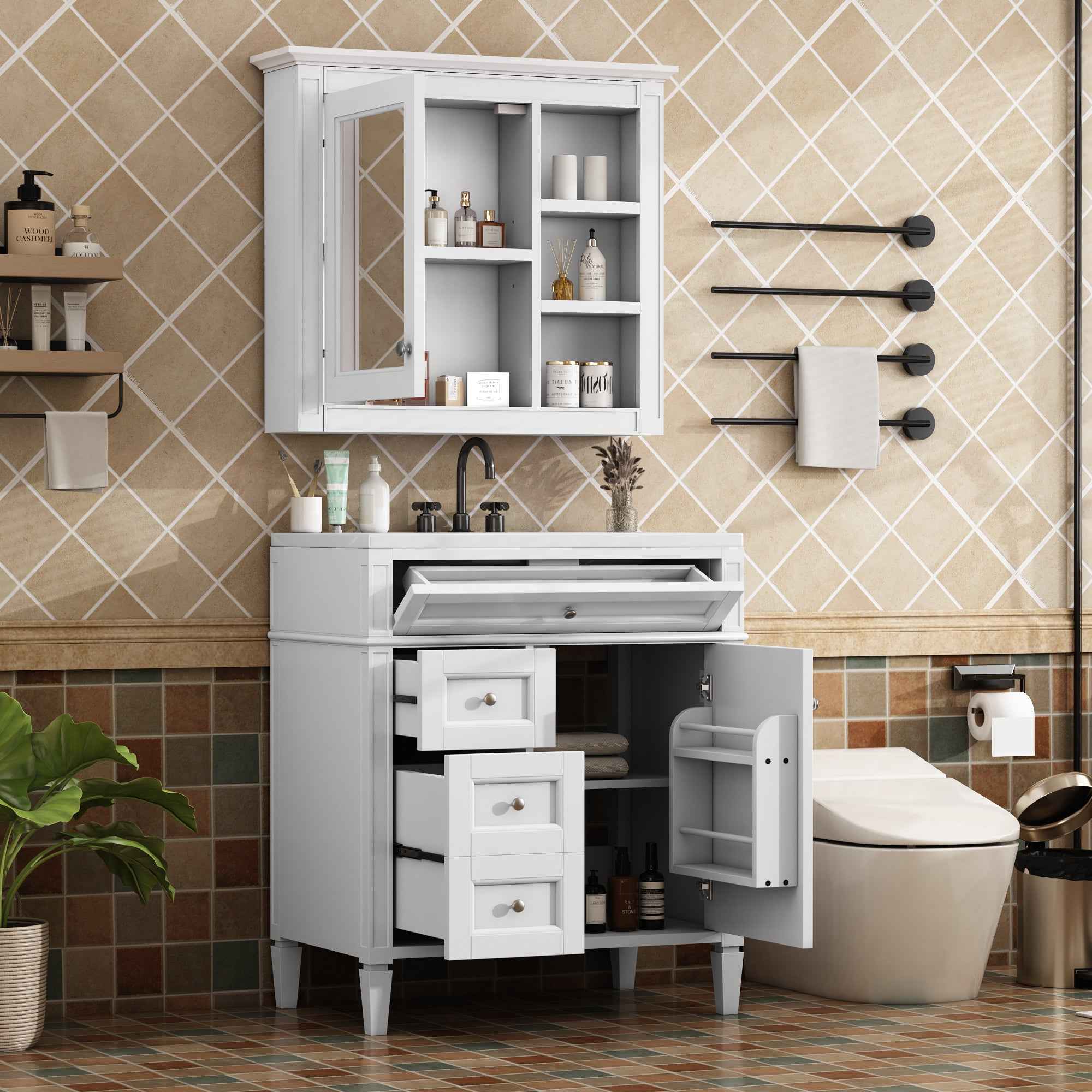 Modern 30'' Bathroom Vanity with Top Sink, White Freestanding Storage Cabinet with 2 Drawers and Tip-out Drawer, Mirror Cabinet Combo, Solid Wood + MDF Frame, Ceramic Undermount Sink