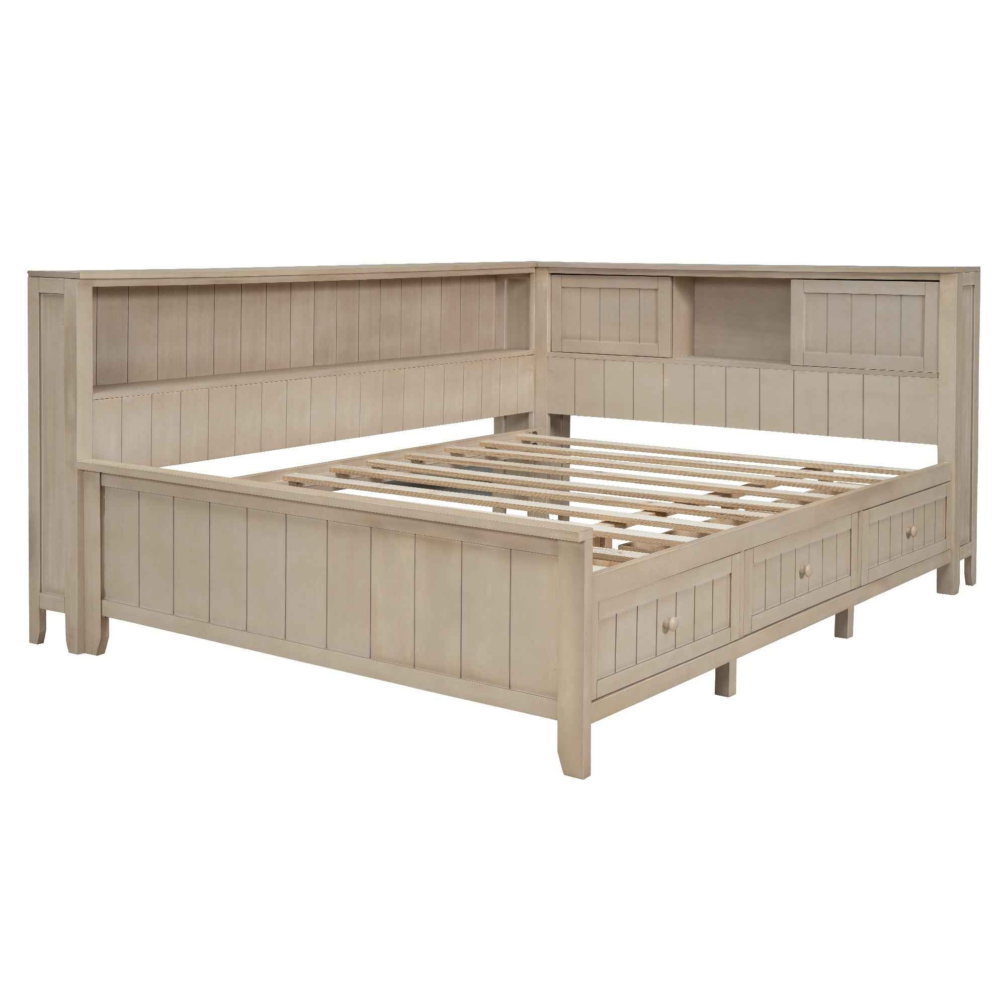 Full Size Wood Daybed with Storage Shelves and 3 Drawers in Antique White Milk Finish, Solid Pine Wood+MDF