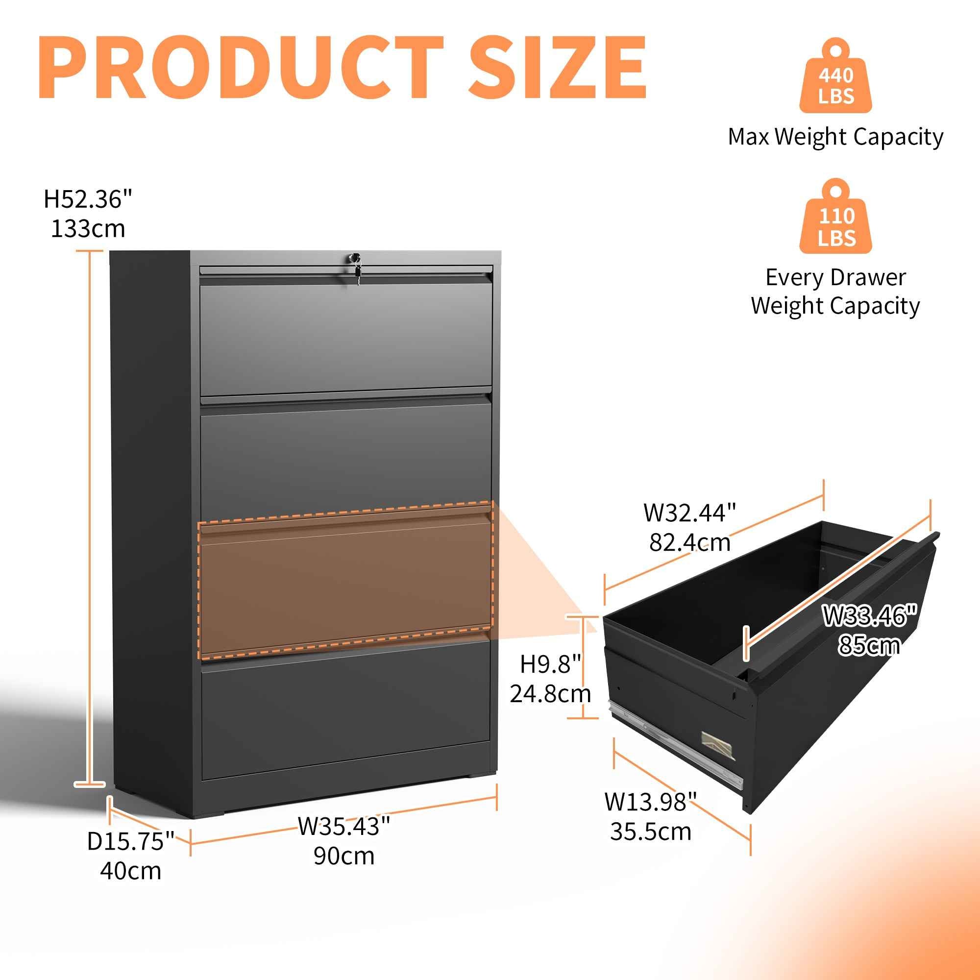 4 Drawer Lateral File Cabinet, Heavy Duty Metal Filing Cabinet in Black, Eco-Friendly Cold-Rolled Steel, 35.4 Inch Wide for Home Office, Holds Letter/Legal/A4 Files