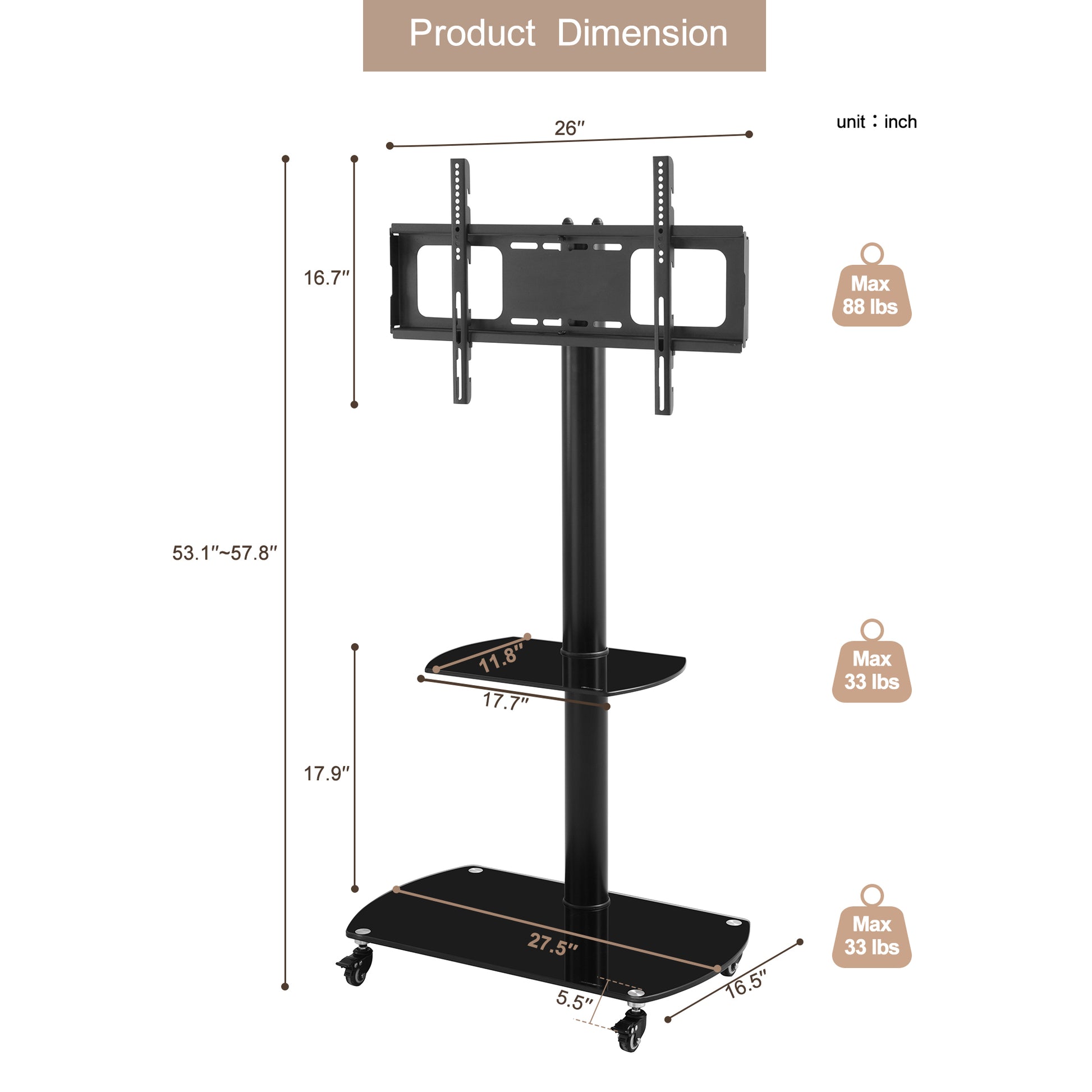 Height and Angle Adjustable Multi-Function Tempered Glass Metal Frame Floor With Lockable Wheels Mobile TV Stand, LCD/Plasma TV bracket  2 Tier Tempered Glass Shelves For Multiple Media Devices - Abrihome