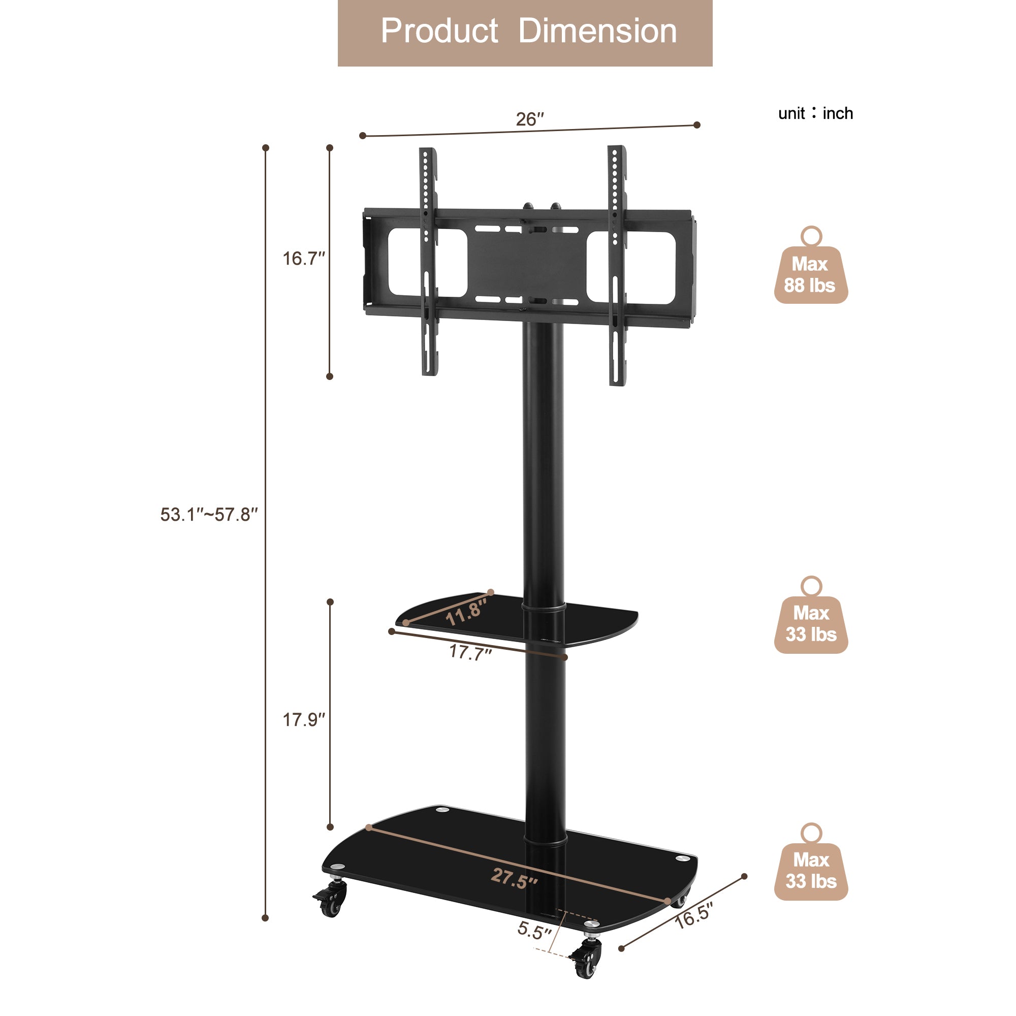 Height and Angle Adjustable Multi-Function Tempered Glass Metal Frame Floor With Lockable Wheels Mobile TV Stand, LCD/Plasma TV bracket  2 Tier Tempered Glass Shelves For Multiple Media Devices