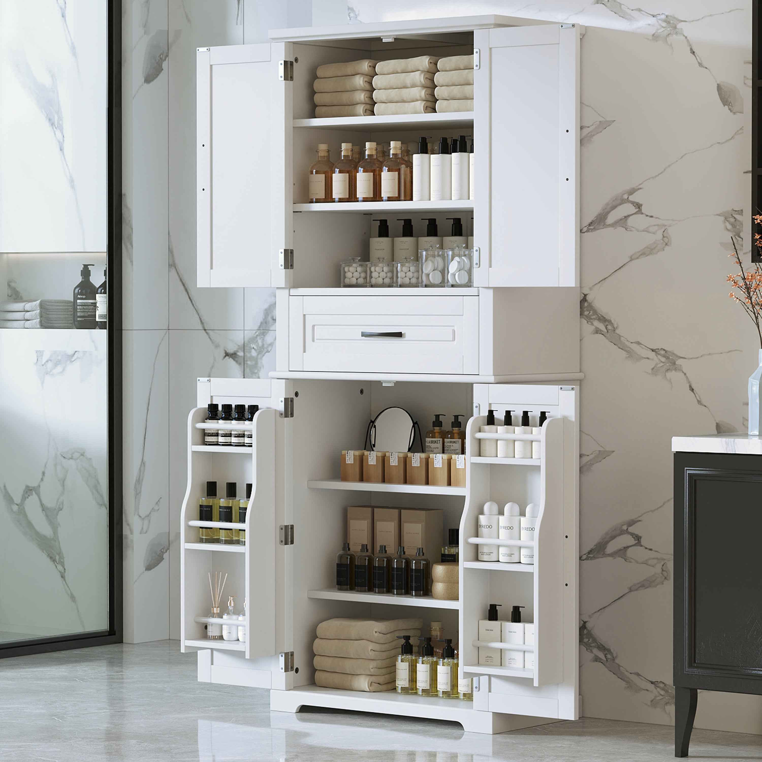 Bathroom Storage Cabinet with Multi-Functional Storage Space, Drawer with Slide Rails, Adjustable Shelf, White MDF