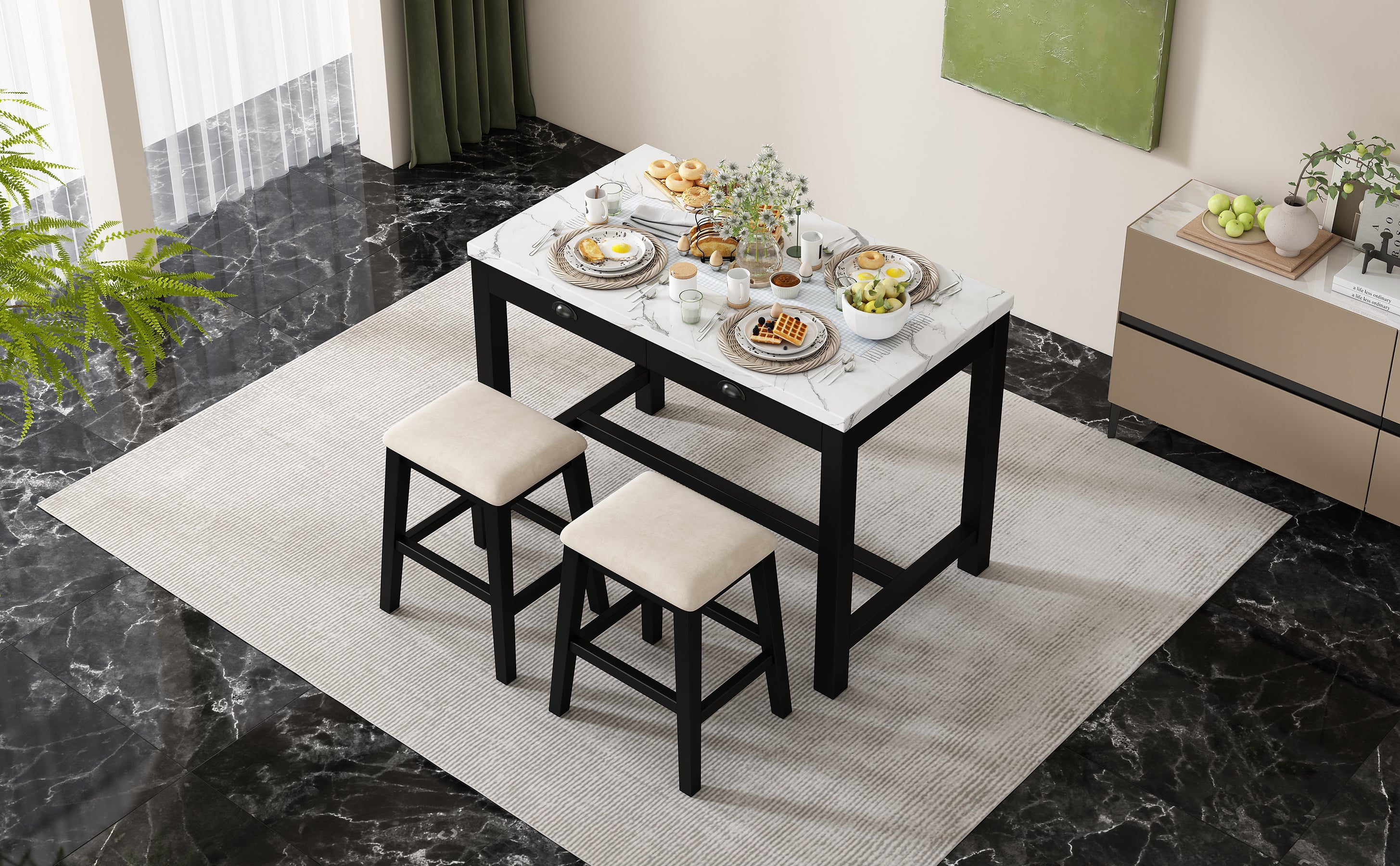 TREXM 3-Piece Modern Faux Marble Versatile Bar Table Set with Storage Drawers and Padded Stools, Ideal for Space-Saving Dining Nooks or Small Kitchens (Black)