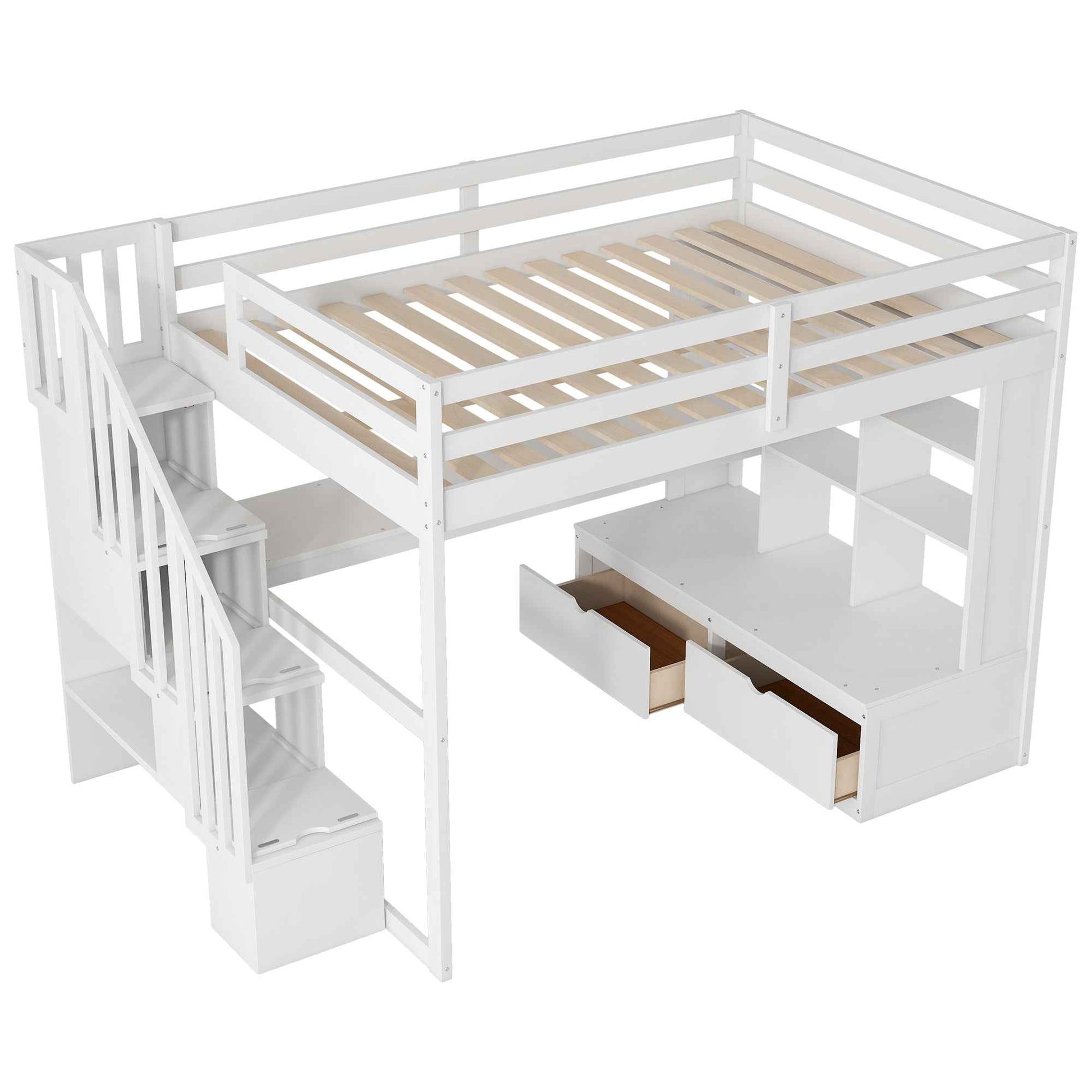 White Full Size Loft Bed with Built-in Desk, Shelves, Two Drawers, Storage Staircase, Solid Pine Wood and MDF
